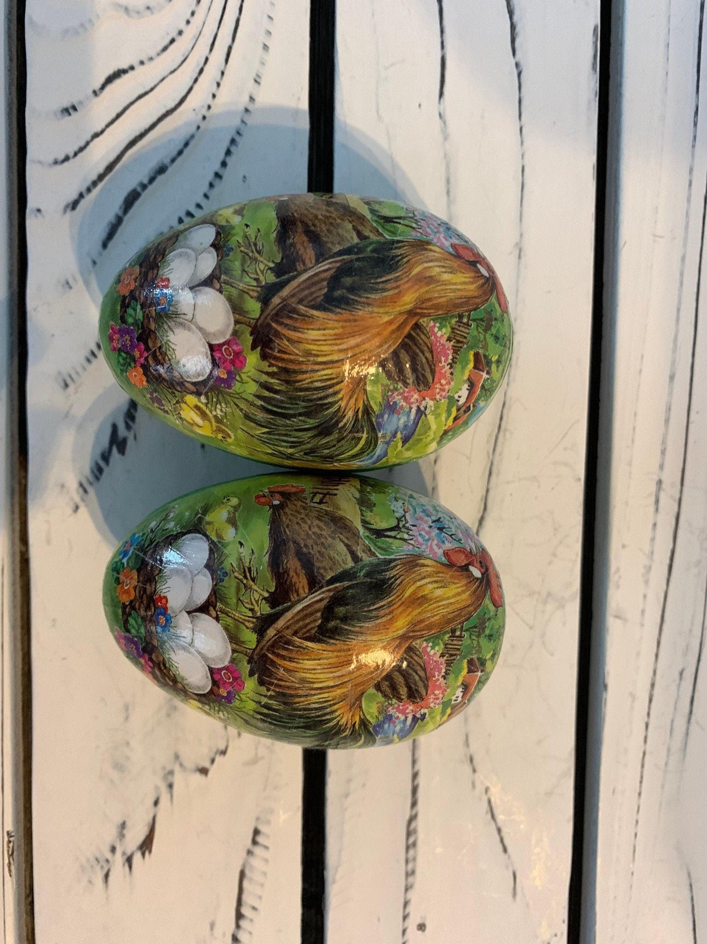 Vintage Paper Mache Easter Eggs, Set of Two, Made in Germany, Rooster Cardboard Home Decor -Located at Funkyhouse Vintage Antique Store, Weiser Idaho
