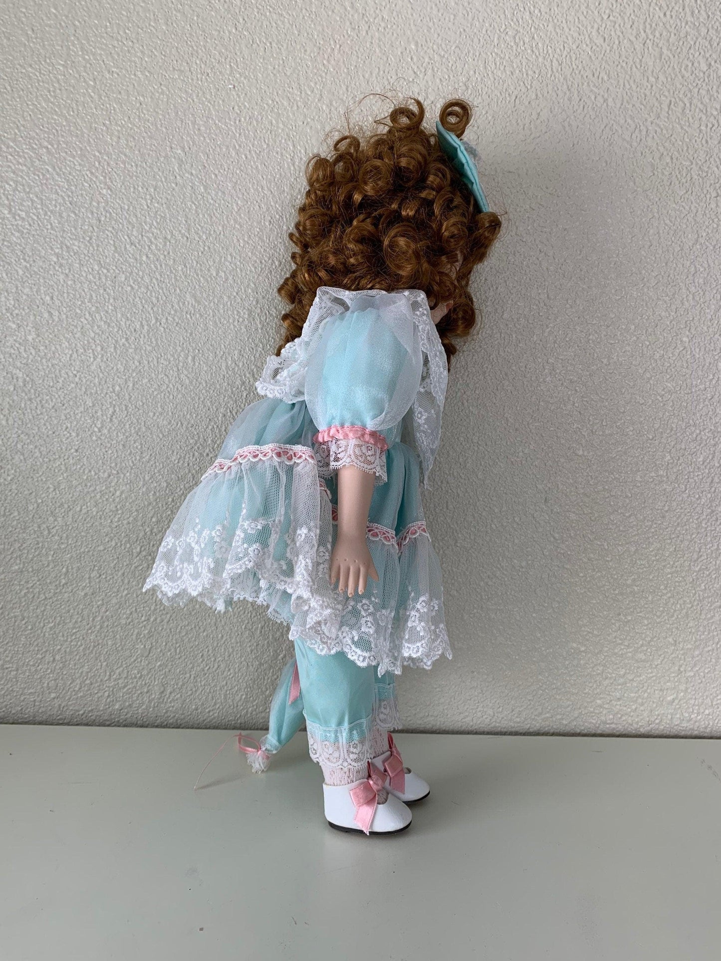 Vintage Porcelain Doll, Dynasty Doll Collection, Red Hair, Seafoam Green and Pink Dress, Freckles -Located at Funkyhouse Vintage Antique Store, Weiser Idaho