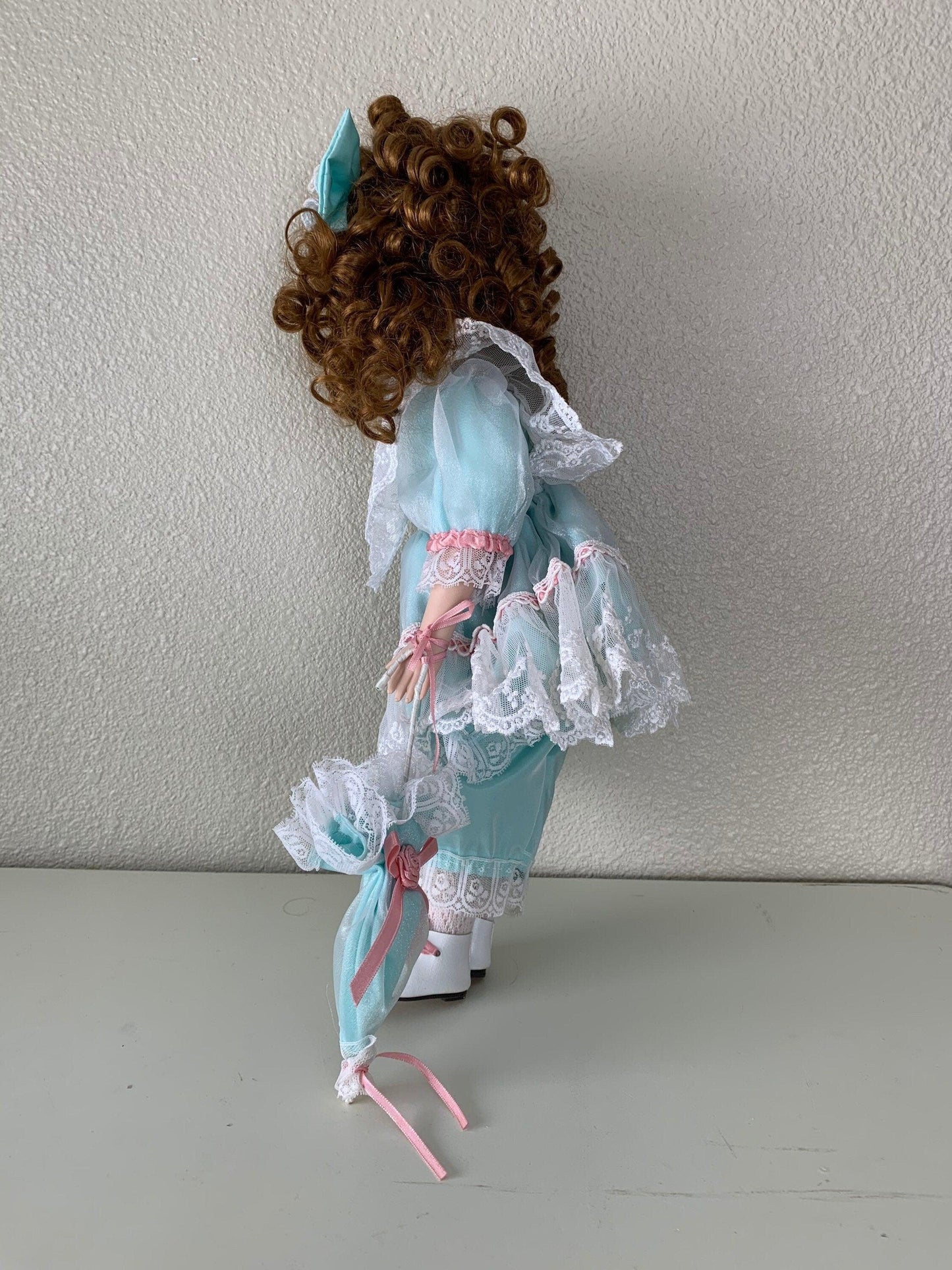 Vintage Porcelain Doll, Dynasty Doll Collection, Red Hair, Seafoam Green and Pink Dress, Freckles -Located at Funkyhouse Vintage Antique Store, Weiser Idaho
