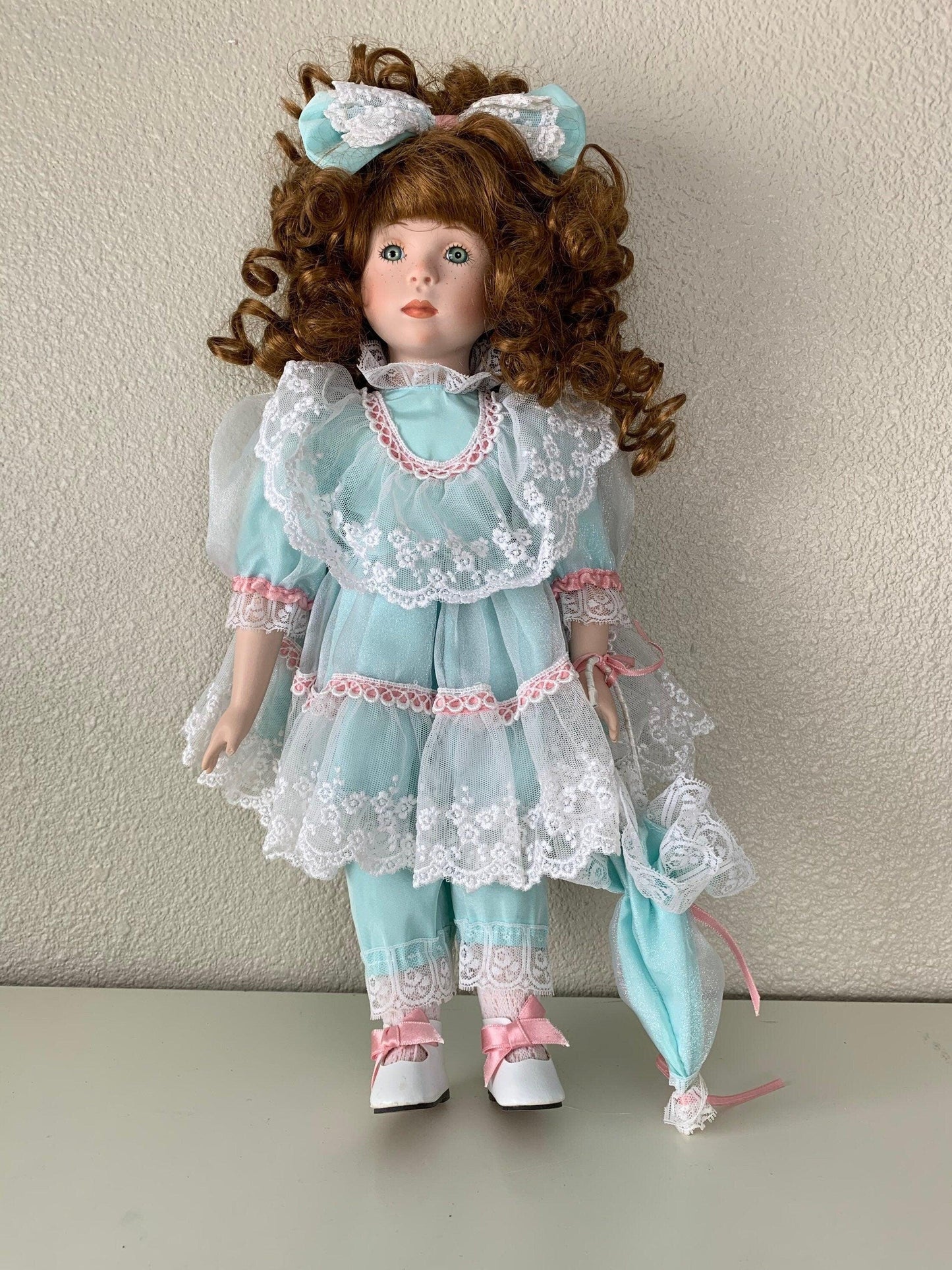 Vintage Porcelain Doll, Dynasty Doll Collection, Red Hair, Seafoam Green and Pink Dress, Freckles -Located at Funkyhouse Vintage Antique Store, Weiser Idaho