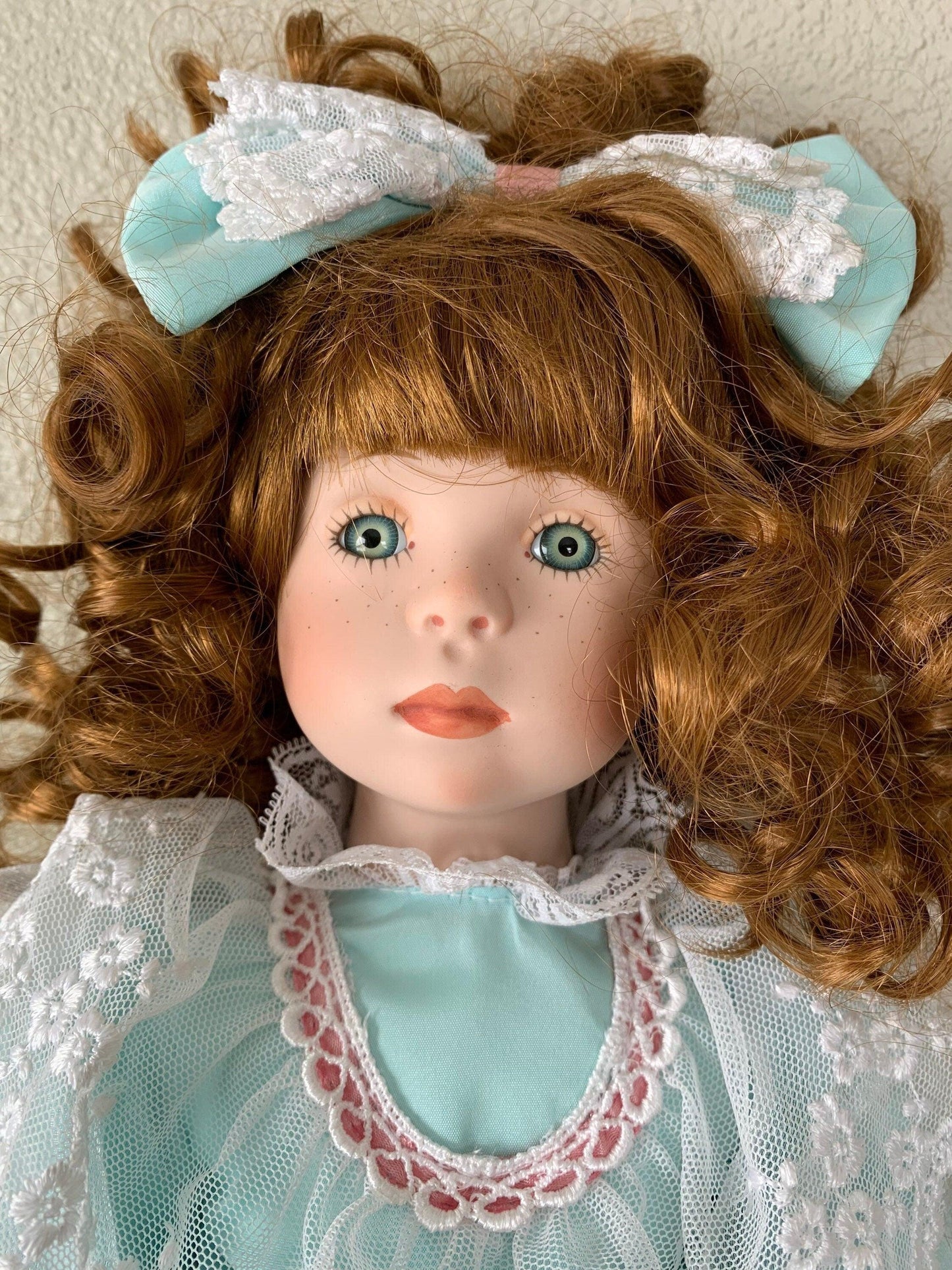 Vintage Porcelain Doll, Dynasty Doll Collection, Red Hair, Seafoam Green and Pink Dress, Freckles -Located at Funkyhouse Vintage Antique Store, Weiser Idaho