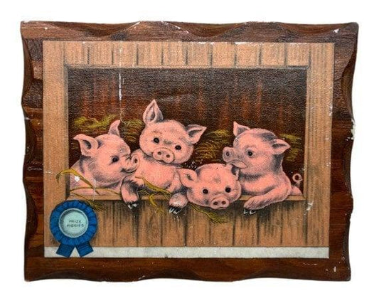 Vintage Prize Piggie Art, Pig Pressed Wood Wall Sign, 1950s Farmhouse Country Decor -Located at Funkyhouse Vintage Antique Store, Weiser Idaho