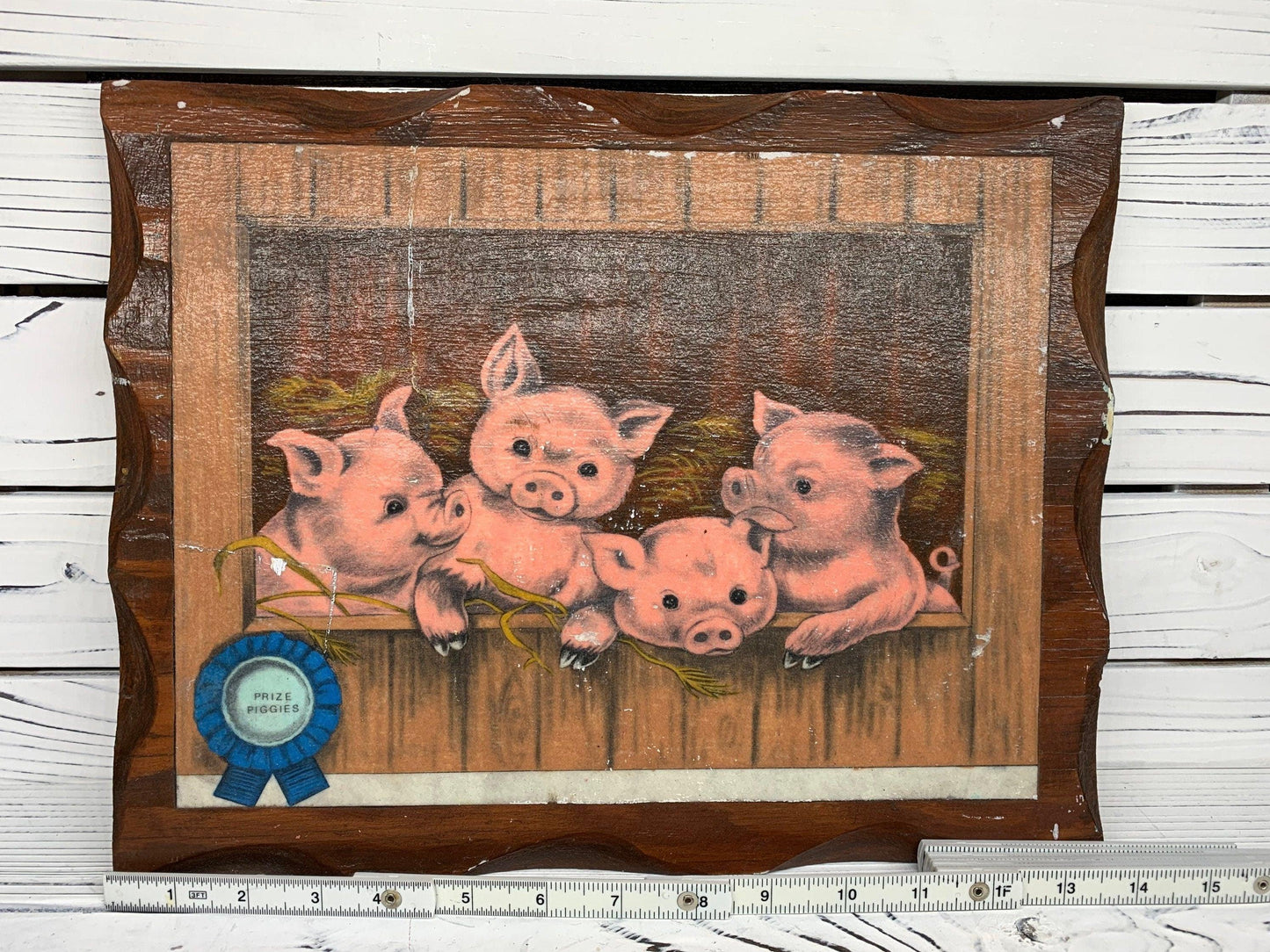 Vintage Prize Piggie Art, Pig Pressed Wood Wall Sign, 1950s Farmhouse Country Decor -Located at Funkyhouse Vintage Antique Store, Weiser Idaho