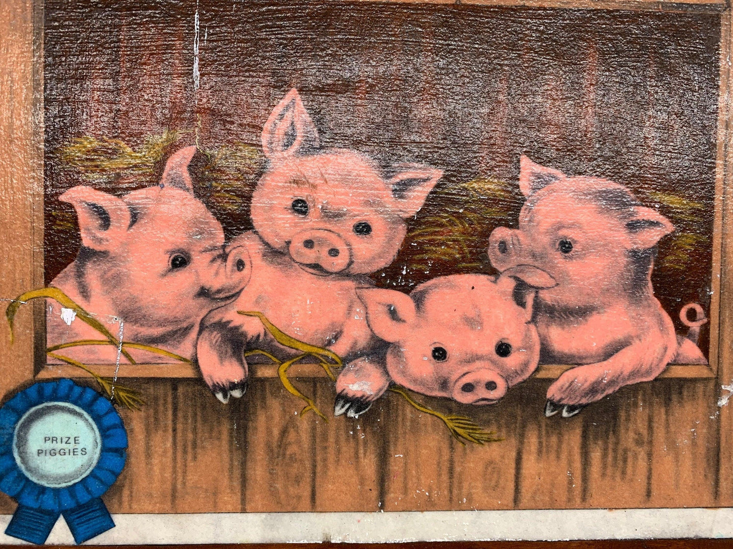 Vintage Prize Piggie Art, Pig Pressed Wood Wall Sign, 1950s Farmhouse Country Decor -Located at Funkyhouse Vintage Antique Store, Weiser Idaho
