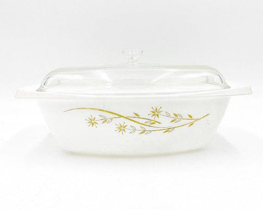 Vintage Pyrex Casserole Dish, 4 Quart Cookware, Golden Honeysuckle Pattern, Country Farmhouse Kitchen, Casserole Dish -Located at Funkyhouse Vintage Antique Store, Weiser Idaho