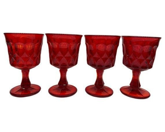 Vintage Red Goblets, Lot of 4 Ruby Red Cups With Design, Vintage Red Kitchen Decor, Country Farmhouse -Located at Funkyhouse Vintage Antique Store, Weiser Idaho