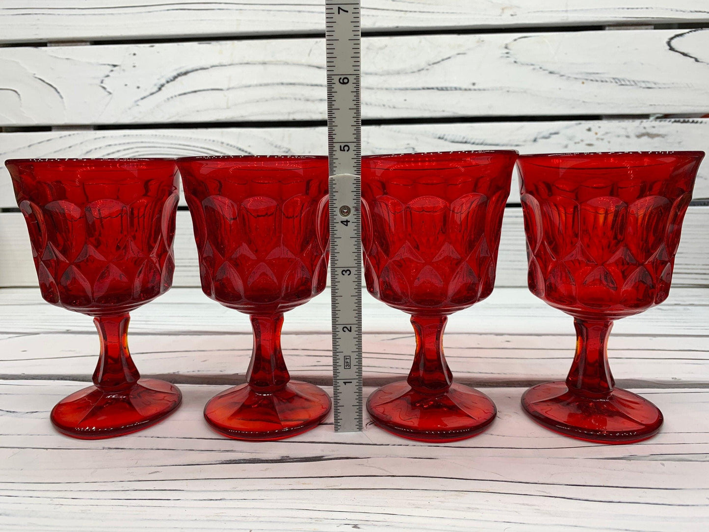 Vintage Red Goblets, Lot of 4 Ruby Red Cups With Design, Vintage Red Kitchen Decor, Country Farmhouse -Located at Funkyhouse Vintage Antique Store, Weiser Idaho