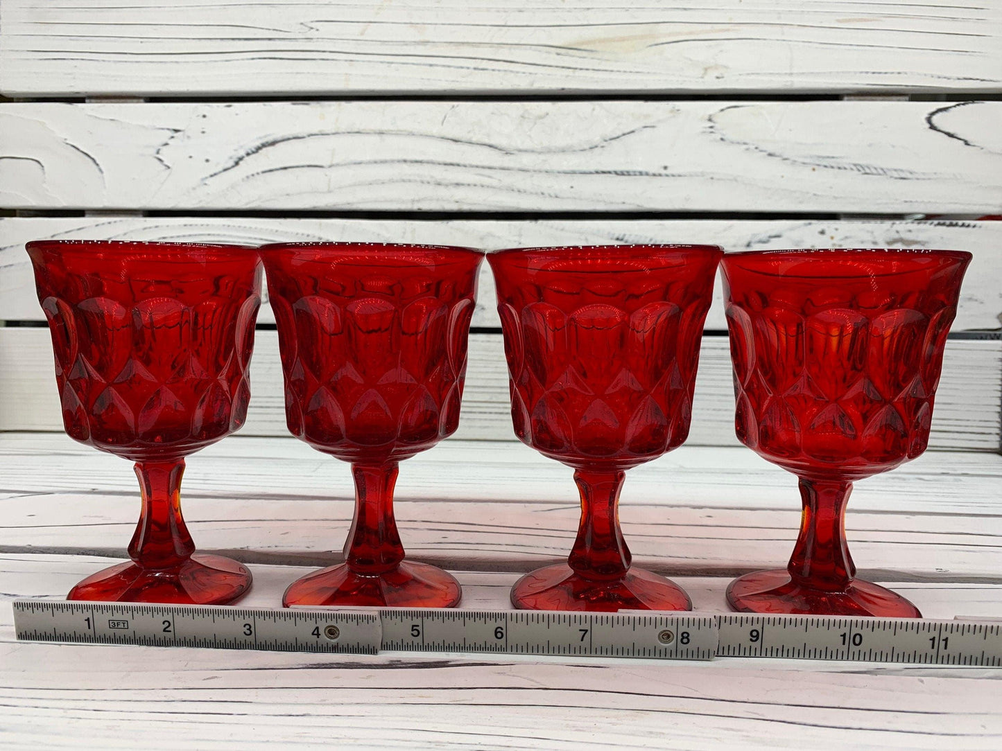 Vintage Red Goblets, Lot of 4 Ruby Red Cups With Design, Vintage Red Kitchen Decor, Country Farmhouse -Located at Funkyhouse Vintage Antique Store, Weiser Idaho