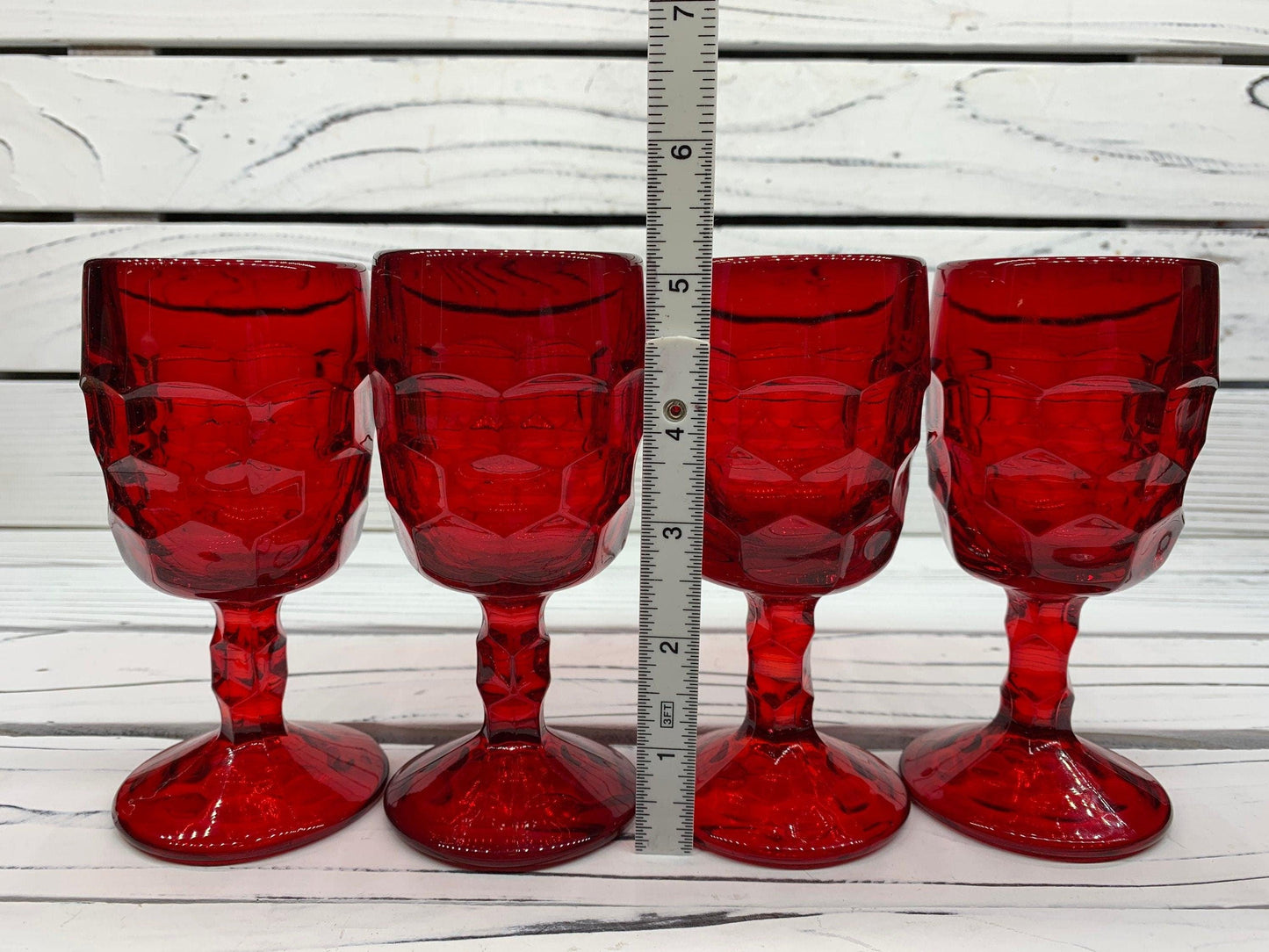 Vintage Red Goblets, Lot of 4 Ruby Red Cups With Design, Vintage Red Kitchen Decor -Located at Funkyhouse Vintage Antique Store, Weiser Idaho