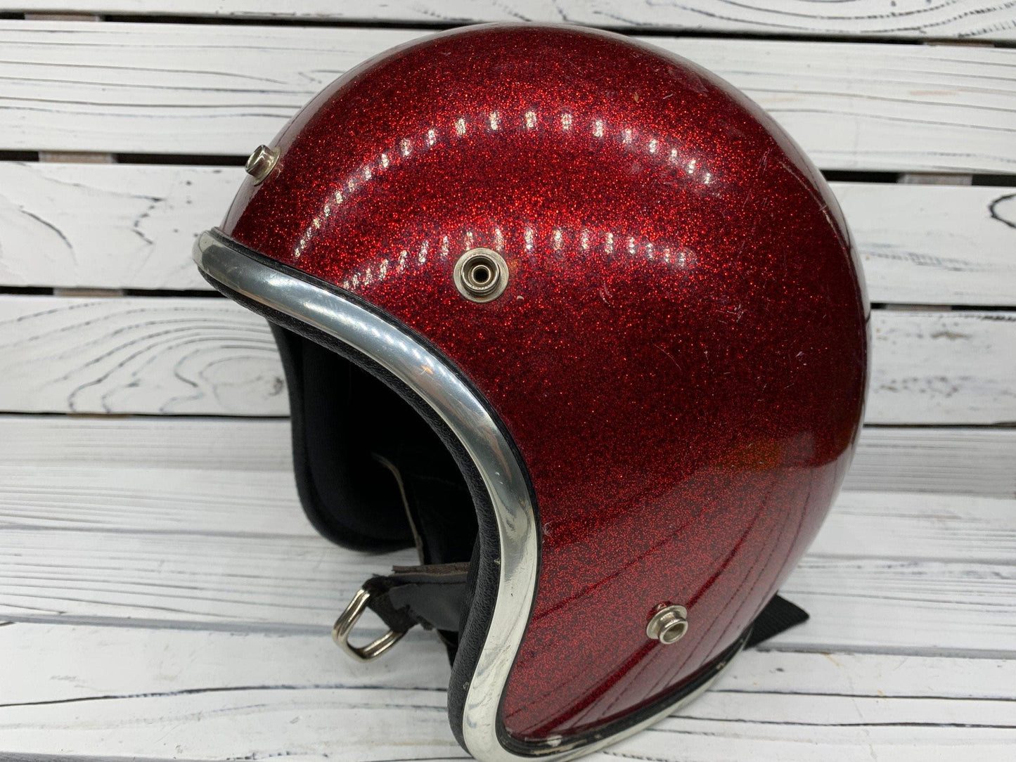 Vintage Red Sparkly Motorcycle Helmet, America 60s 70s Helmet by Arthur Fulmer, AF 40 -Located at Funkyhouse Vintage Antique Store, Weiser Idaho