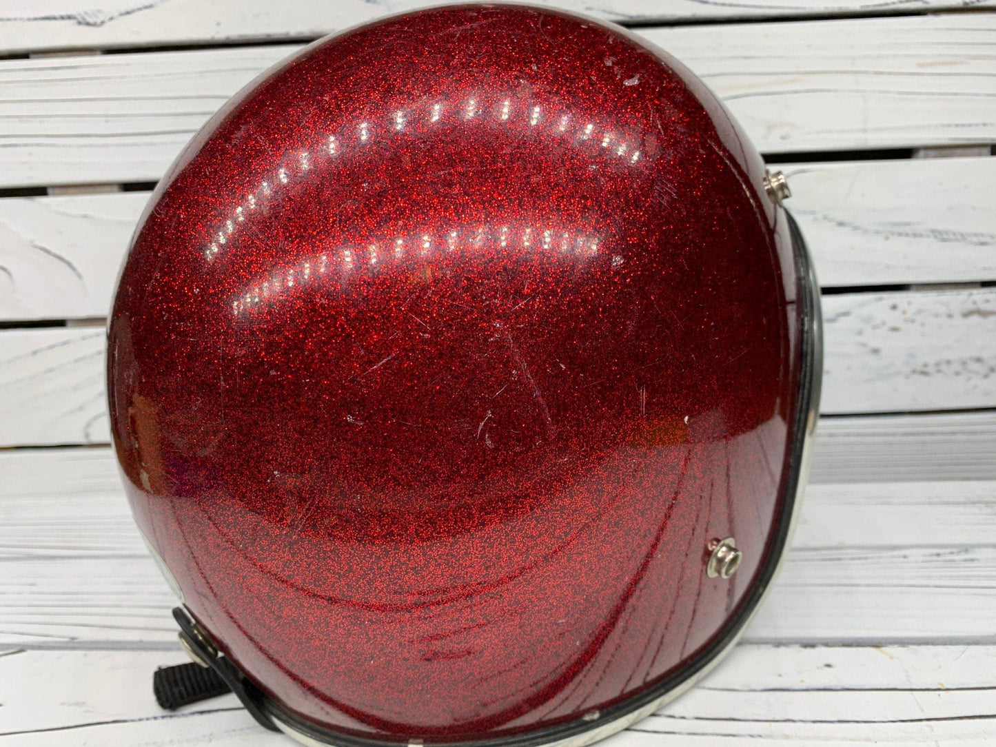 Vintage Red Sparkly Motorcycle Helmet, America 60s 70s Helmet by Arthur Fulmer, AF 40 -Located at Funkyhouse Vintage Antique Store, Weiser Idaho
