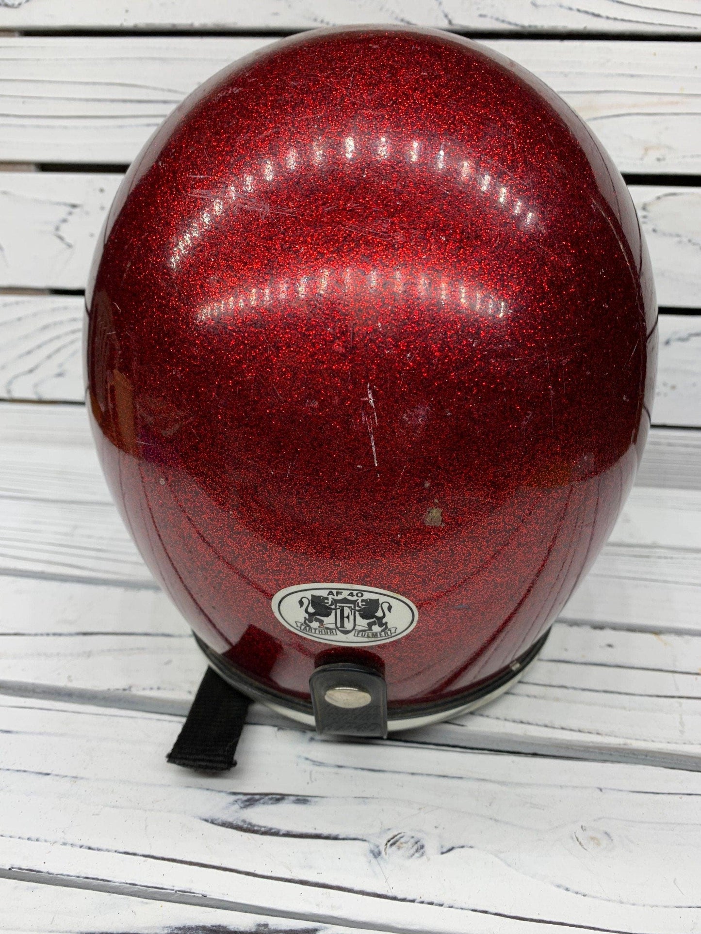 Vintage Red Sparkly Motorcycle Helmet, America 60s 70s Helmet by Arthur Fulmer, AF 40 -Located at Funkyhouse Vintage Antique Store, Weiser Idaho