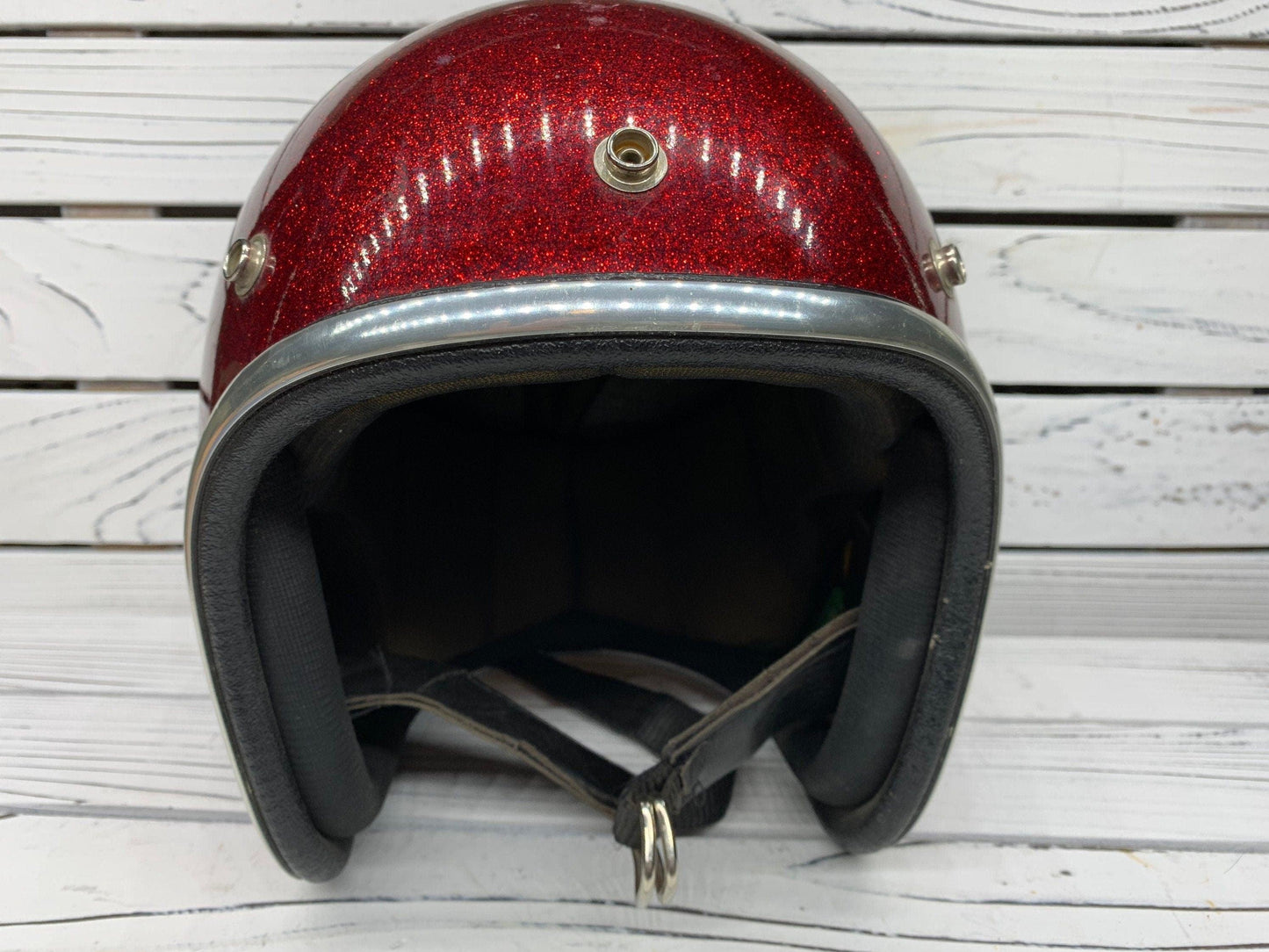 Vintage Red Sparkly Motorcycle Helmet, America 60s 70s Helmet by Arthur Fulmer, AF 40 -Located at Funkyhouse Vintage Antique Store, Weiser Idaho