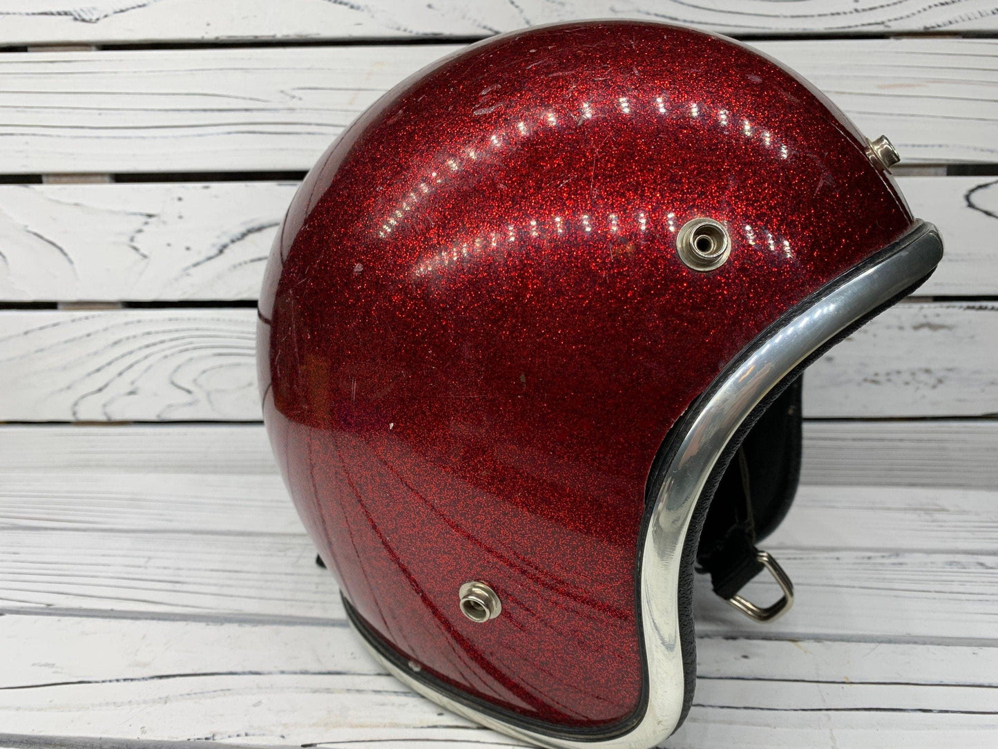 Vintage Red Sparkly Motorcycle Helmet, America 60s 70s Helmet by Arthur Fulmer, AF 40 -Located at Funkyhouse Vintage Antique Store, Weiser Idaho