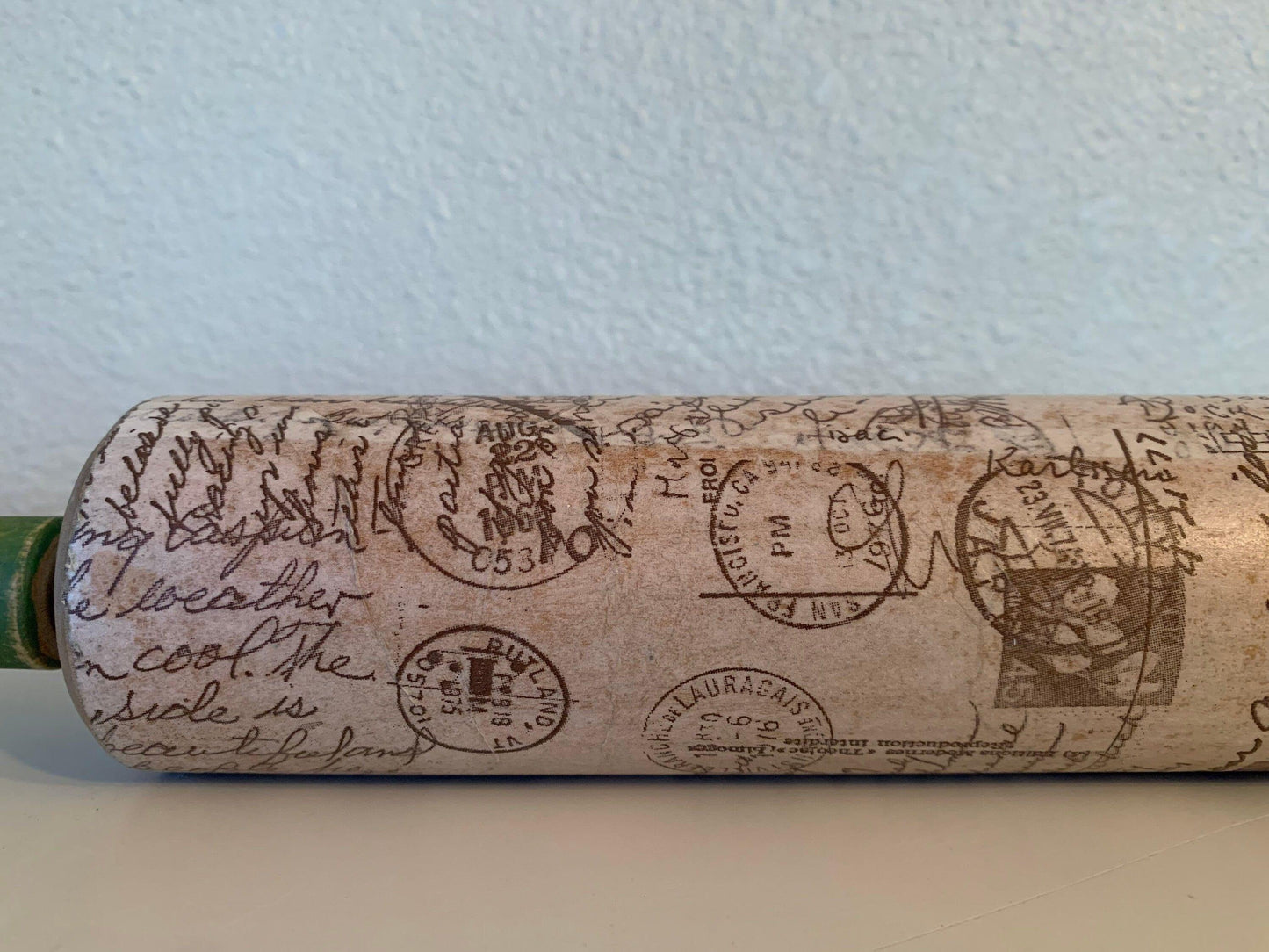 Vintage Rolling Pin, Rolling Pin With Green Handles and Postage Mail Letter Design, Shabby Chic Farmhouse Country Kitchen Decor -Located at Funkyhouse Vintage Antique Store, Weiser Idaho