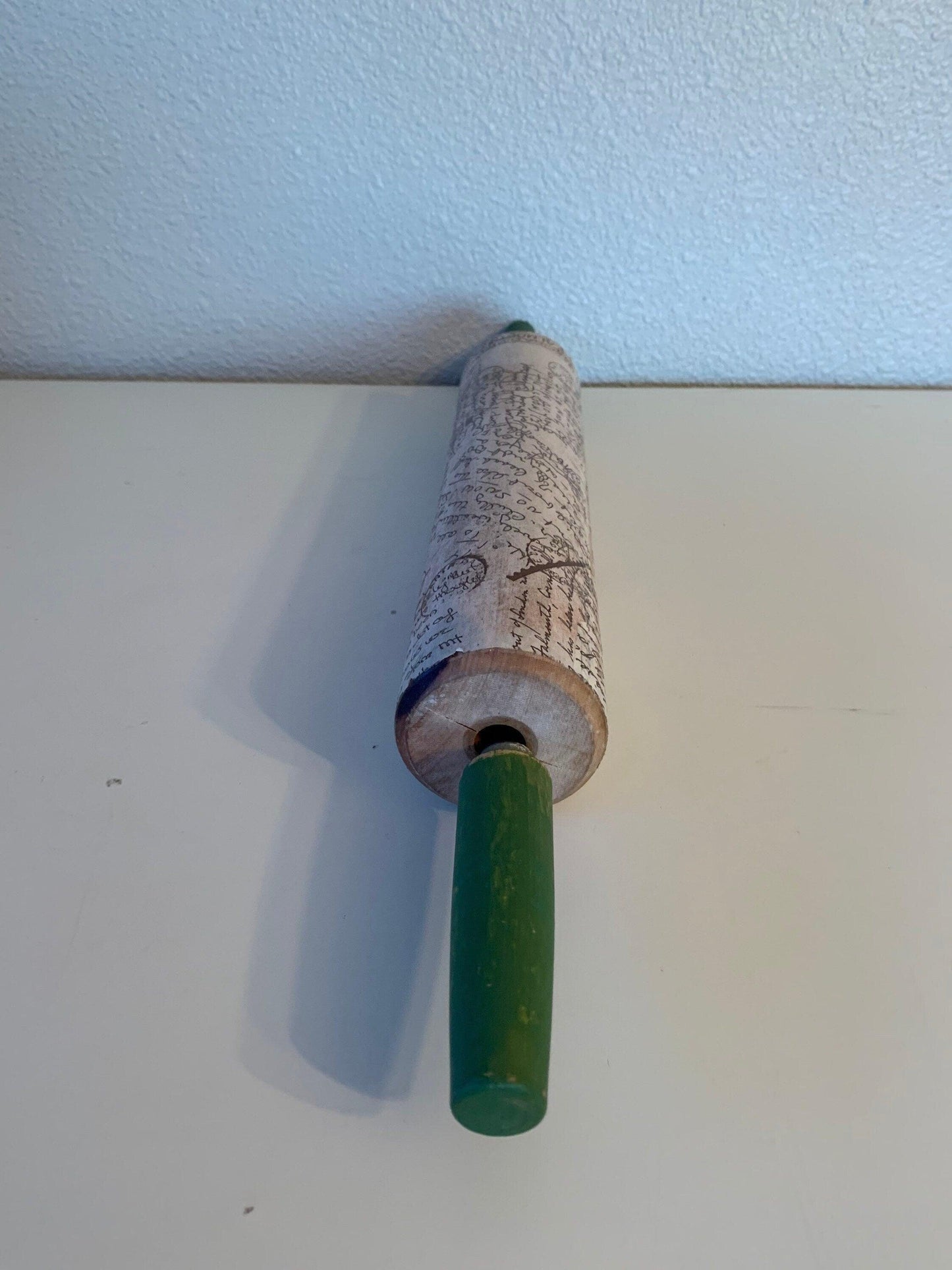 Vintage Rolling Pin, Rolling Pin With Green Handles and Postage Mail Letter Design, Shabby Chic Farmhouse Country Kitchen Decor -Located at Funkyhouse Vintage Antique Store, Weiser Idaho