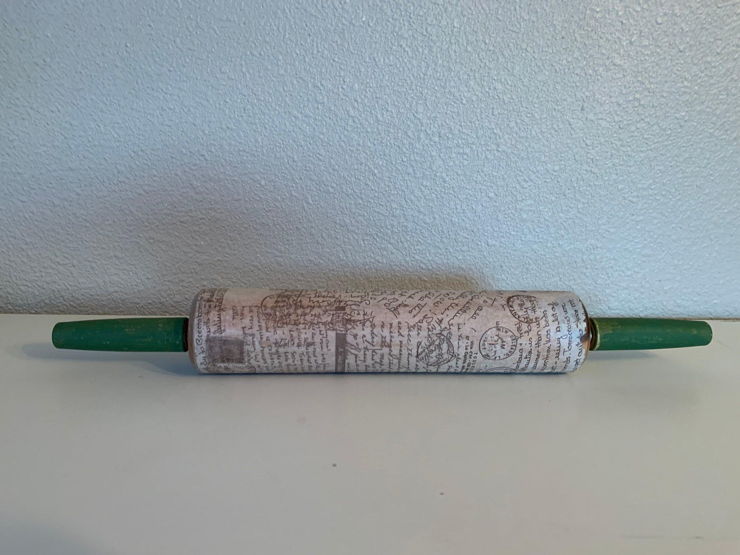 Vintage Rolling Pin, Rolling Pin With Green Handles and Postage Mail Letter Design, Shabby Chic Farmhouse Country Kitchen Decor -Located at Funkyhouse Vintage Antique Store, Weiser Idaho
