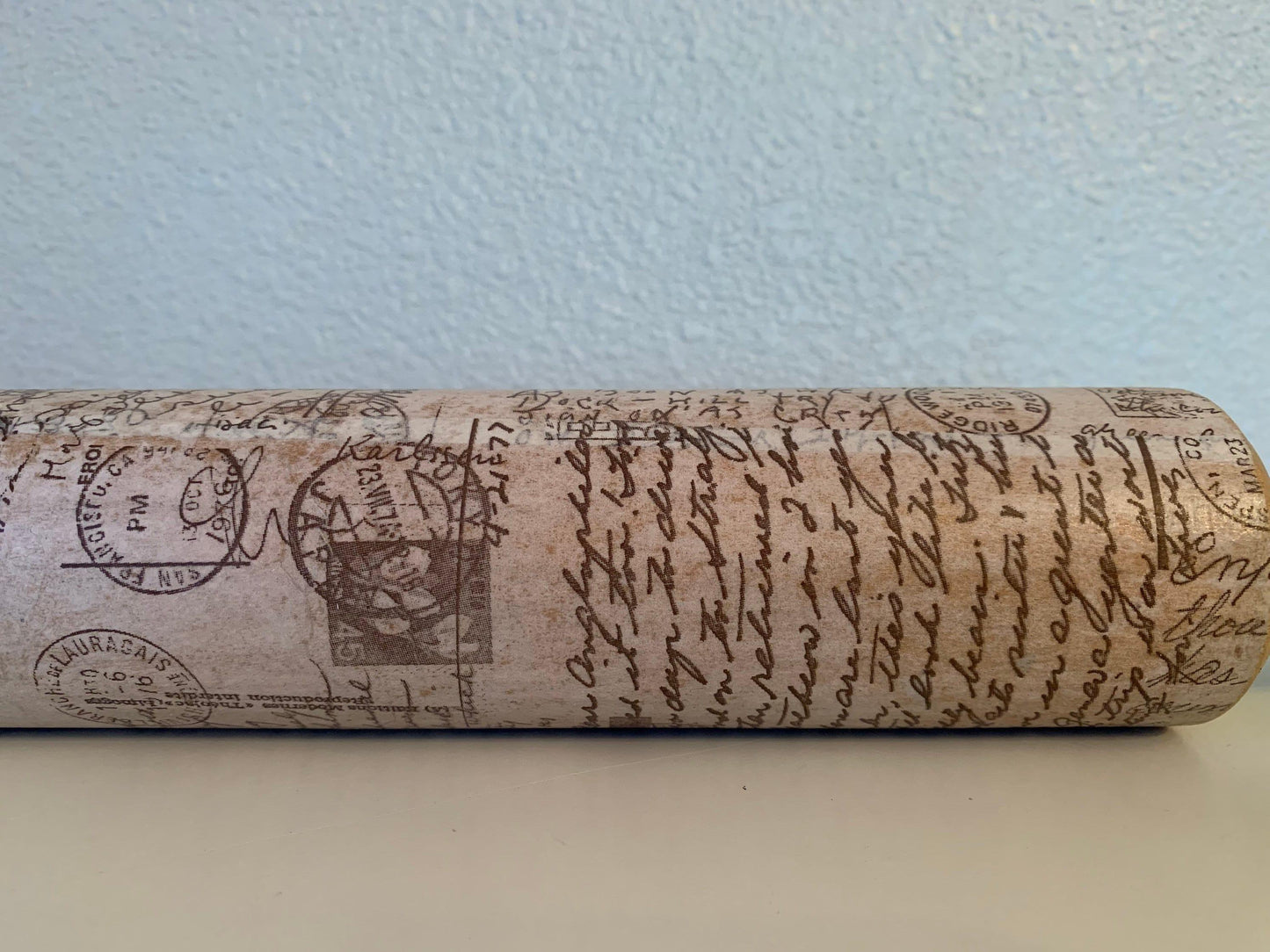 Vintage Rolling Pin, Rolling Pin With Green Handles and Postage Mail Letter Design, Shabby Chic Farmhouse Country Kitchen Decor -Located at Funkyhouse Vintage Antique Store, Weiser Idaho