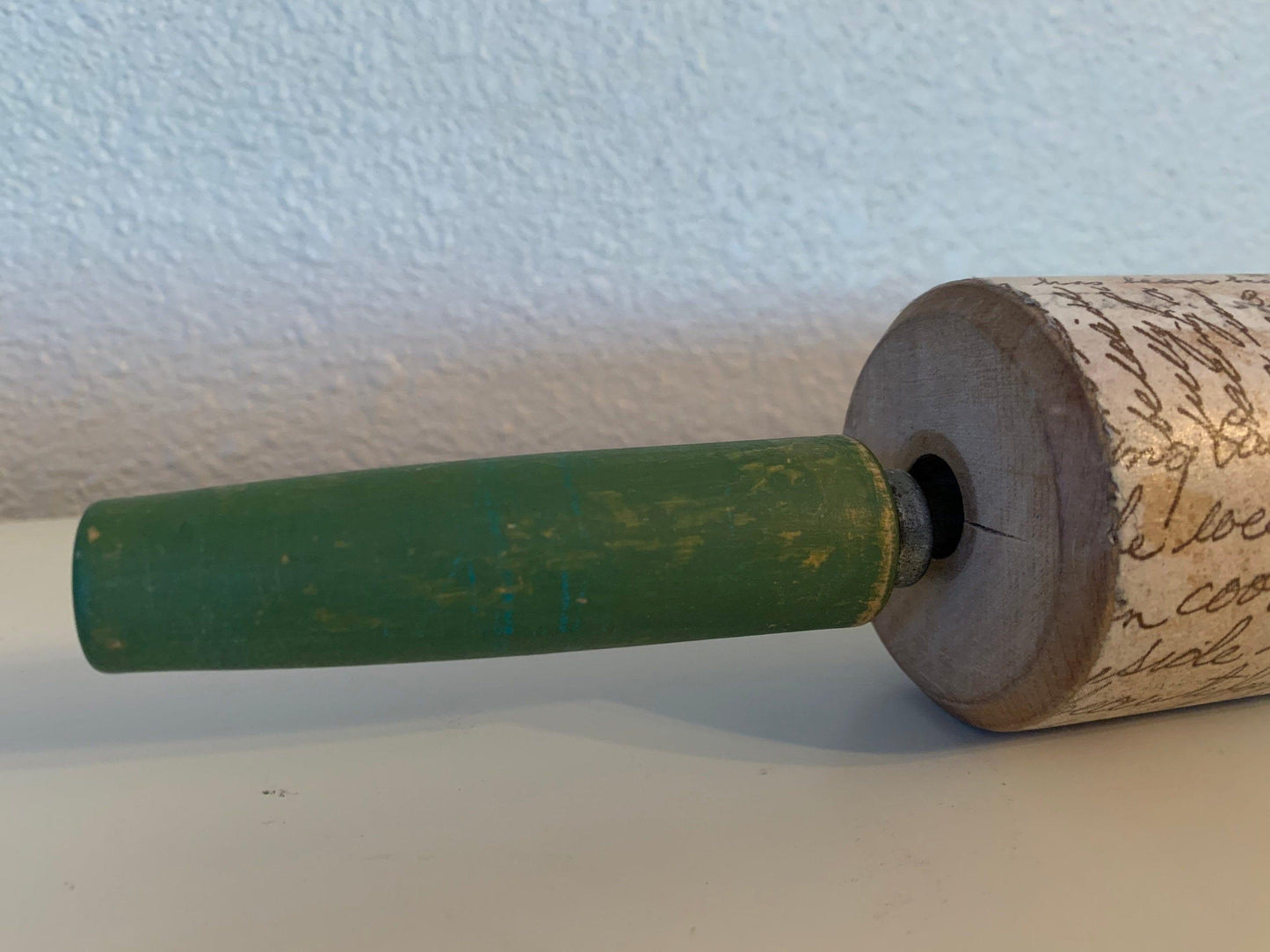 Vintage Rolling Pin, Rolling Pin With Green Handles and Postage Mail Letter Design, Shabby Chic Farmhouse Country Kitchen Decor -Located at Funkyhouse Vintage Antique Store, Weiser Idaho