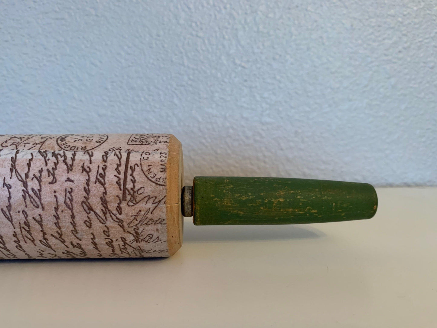 Vintage Rolling Pin, Rolling Pin With Green Handles and Postage Mail Letter Design, Shabby Chic Farmhouse Country Kitchen Decor -Located at Funkyhouse Vintage Antique Store, Weiser Idaho