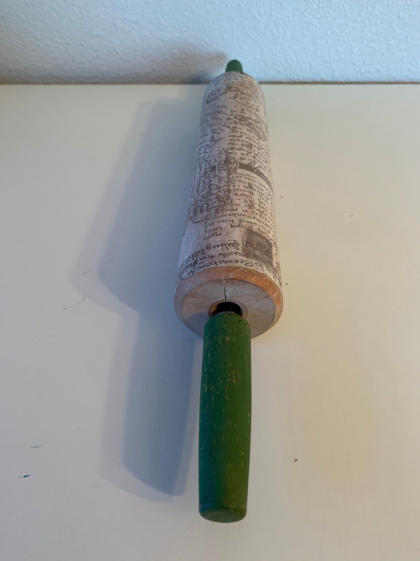 Vintage Rolling Pin, Rolling Pin With Green Handles and Postage Mail Letter Design, Shabby Chic Farmhouse Country Kitchen Decor -Located at Funkyhouse Vintage Antique Store, Weiser Idaho