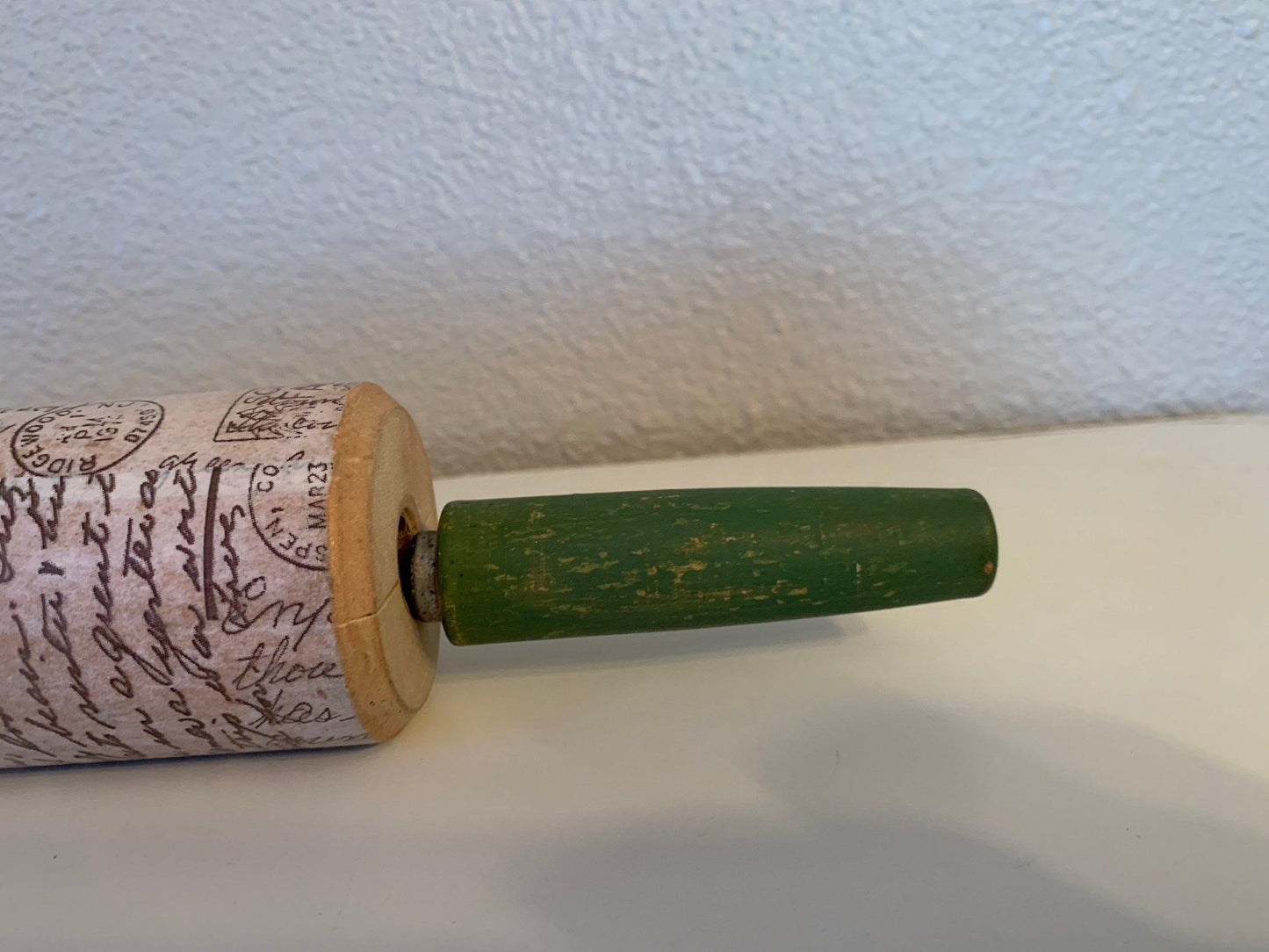 Vintage Rolling Pin, Rolling Pin With Green Handles and Postage Mail Letter Design, Shabby Chic Farmhouse Country Kitchen Decor -Located at Funkyhouse Vintage Antique Store, Weiser Idaho
