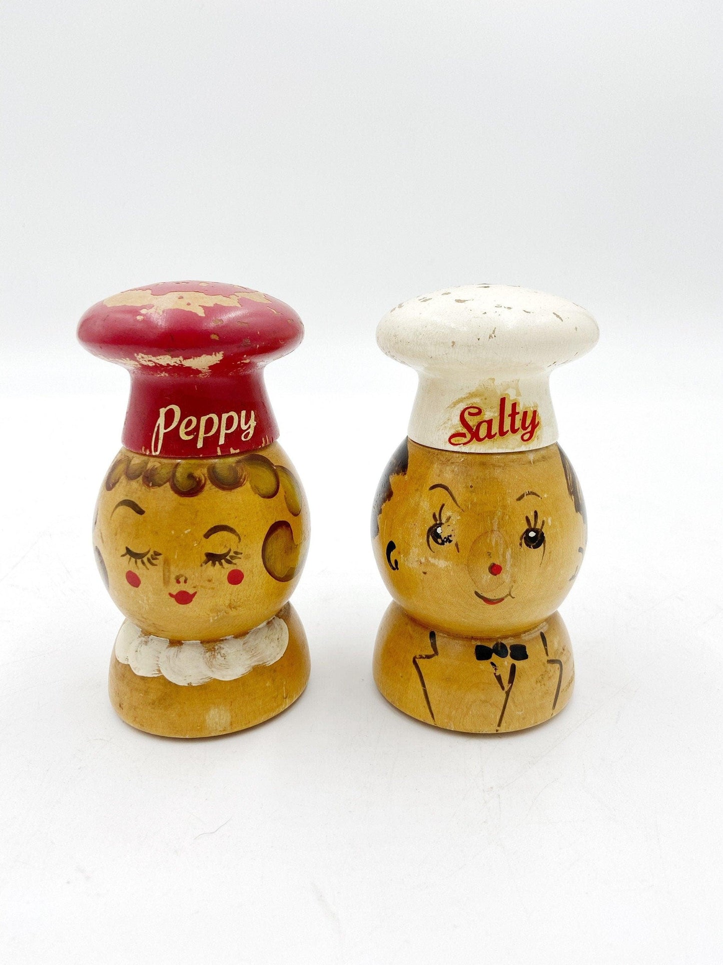 Vintage Salty Peppy Wood Salt And Pepper Shakers, Old Kitchen Decor, Mid Century Kitchen, 1950s Kitchen, Red White Kitchen, Shabby Chic -Located at Funkyhouse Vintage Antique Store, Weiser Idaho