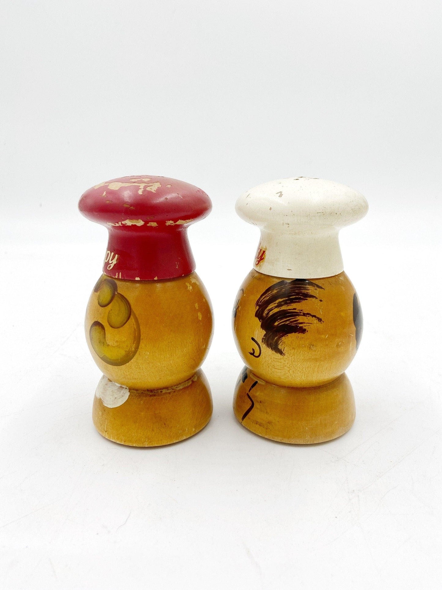 Vintage Salty Peppy Wood Salt And Pepper Shakers, Old Kitchen Decor, Mid Century Kitchen, 1950s Kitchen, Red White Kitchen, Shabby Chic -Located at Funkyhouse Vintage Antique Store, Weiser Idaho