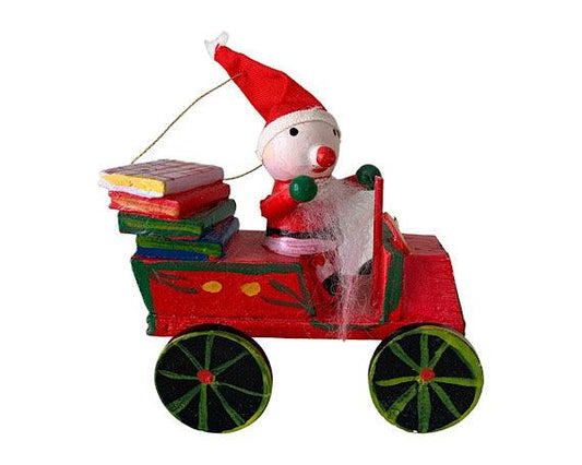 Vintage Santa in Sleigh Ornament, Wooden Hand Painted Santa Riding Sleigh Like Car Christmas Tree Decoration -Located at Funkyhouse Vintage Antique Store, Weiser Idaho