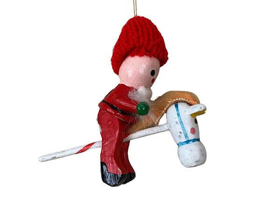 Vintage Santa Riding Toy Horse Ornament, Wooden Hand Painted Santa Riding Stick Horse Christmas Tree Decoration -Located at Funkyhouse Vintage Antique Store, Weiser Idaho