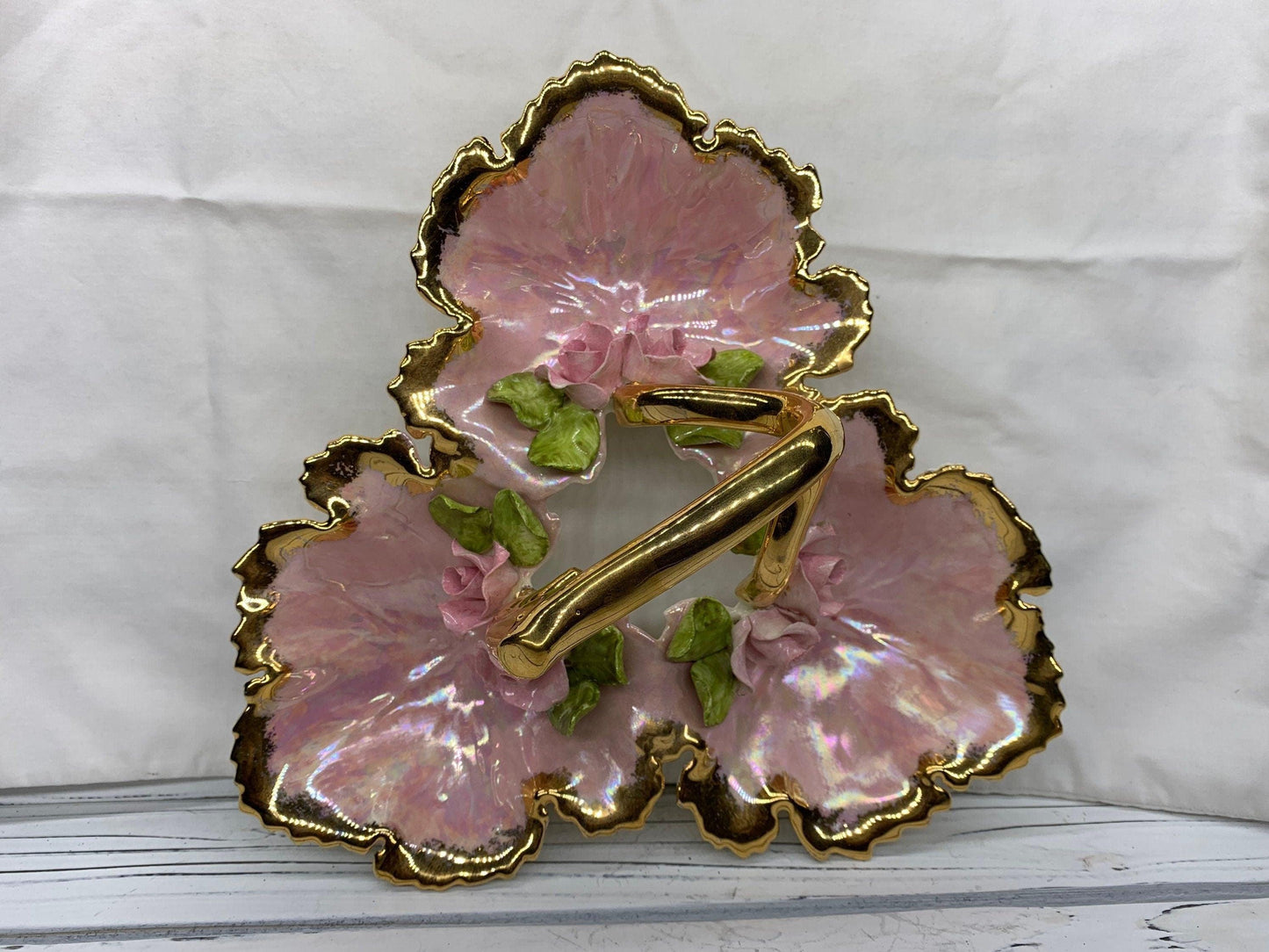 Vintage Serving Caddy With 3 Separate Compartments, Hand Painted With Gold Rim, Pink Flowers and Leaves Jewelery Tray -Located at Funkyhouse Vintage Antique Store, Weiser Idaho