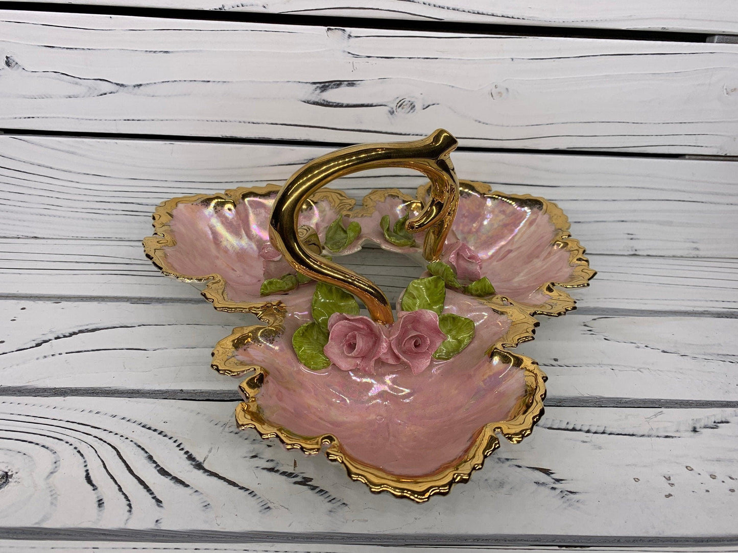 Vintage Serving Caddy With 3 Separate Compartments, Hand Painted With Gold Rim, Pink Flowers and Leaves Jewelery Tray -Located at Funkyhouse Vintage Antique Store, Weiser Idaho