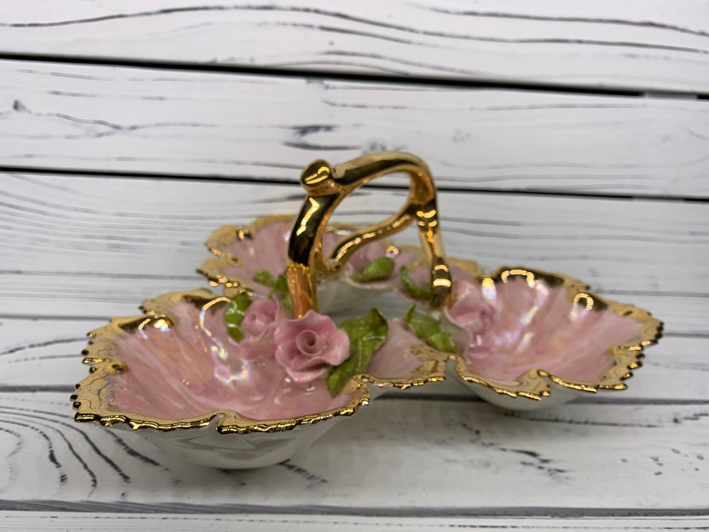 Vintage Serving Caddy With 3 Separate Compartments, Hand Painted With Gold Rim, Pink Flowers and Leaves Jewelery Tray -Located at Funkyhouse Vintage Antique Store, Weiser Idaho