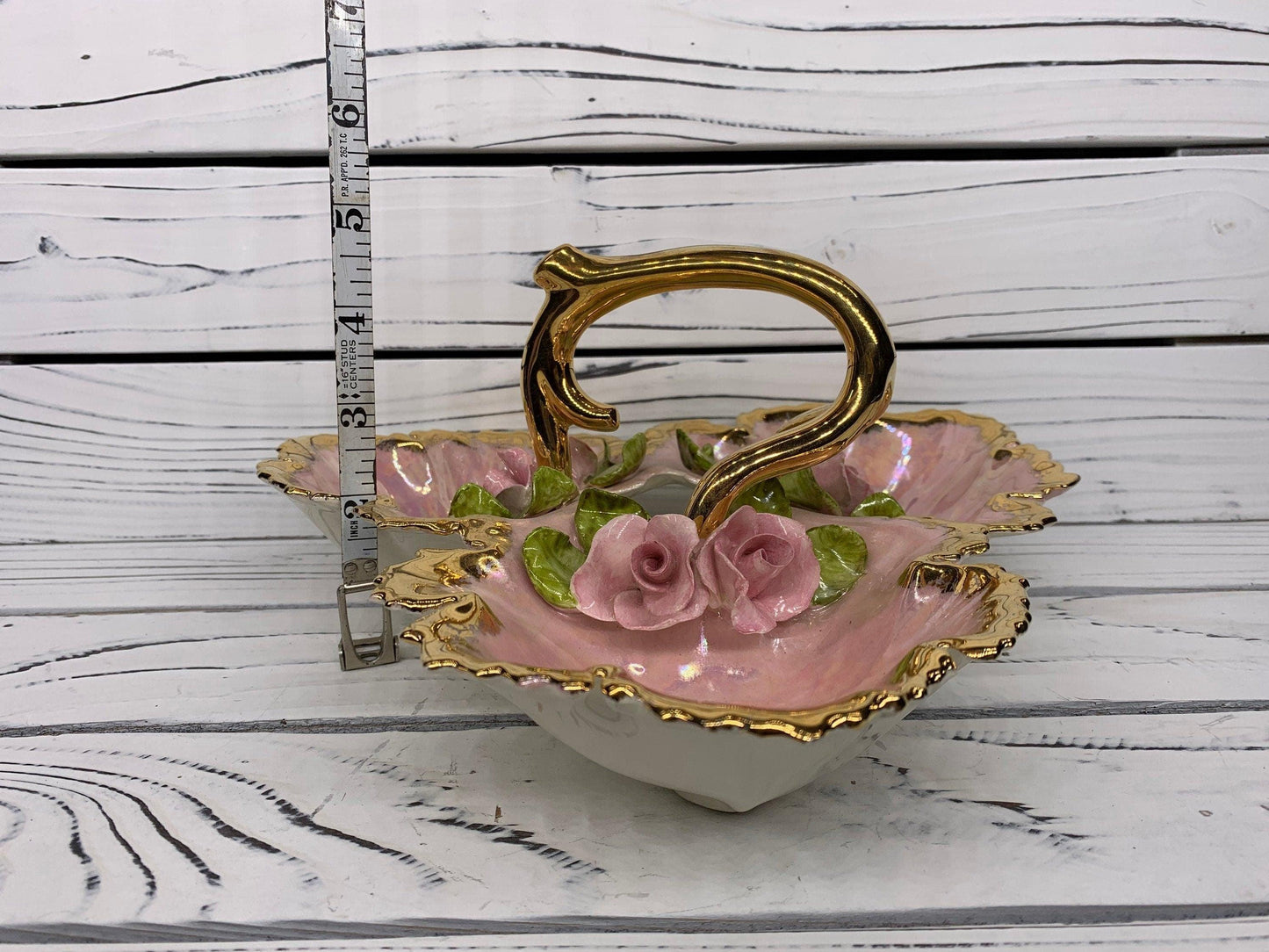 Vintage Serving Caddy With 3 Separate Compartments, Hand Painted With Gold Rim, Pink Flowers and Leaves Jewelery Tray -Located at Funkyhouse Vintage Antique Store, Weiser Idaho