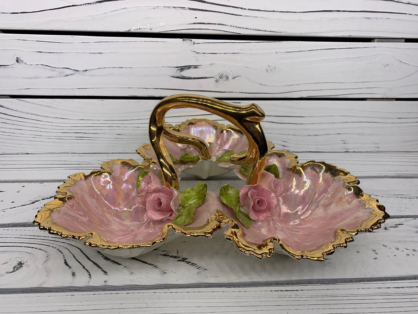 Vintage Serving Caddy With 3 Separate Compartments, Hand Painted With Gold Rim, Pink Flowers and Leaves Jewelery Tray -Located at Funkyhouse Vintage Antique Store, Weiser Idaho