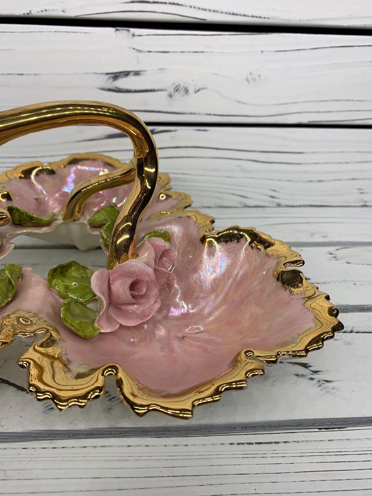 Vintage Serving Caddy With 3 Separate Compartments, Hand Painted With Gold Rim, Pink Flowers and Leaves Jewelery Tray -Located at Funkyhouse Vintage Antique Store, Weiser Idaho