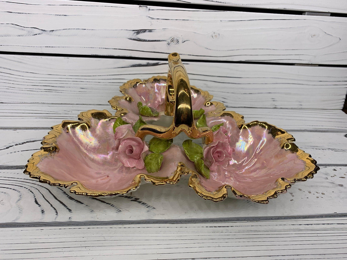 Vintage Serving Caddy With 3 Separate Compartments, Hand Painted With Gold Rim, Pink Flowers and Leaves Jewelery Tray -Located at Funkyhouse Vintage Antique Store, Weiser Idaho