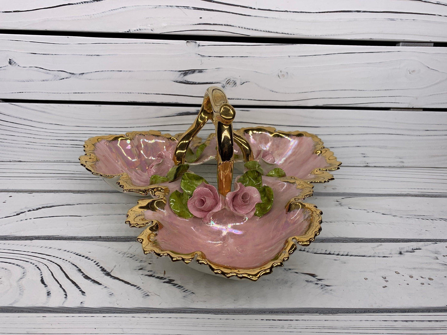 Vintage Serving Caddy With 3 Separate Compartments, Hand Painted With Gold Rim, Pink Flowers and Leaves Jewelery Tray -Located at Funkyhouse Vintage Antique Store, Weiser Idaho