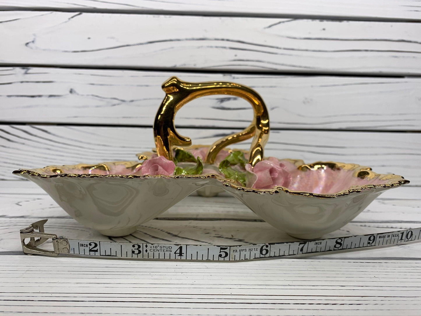 Vintage Serving Caddy With 3 Separate Compartments, Hand Painted With Gold Rim, Pink Flowers and Leaves Jewelery Tray -Located at Funkyhouse Vintage Antique Store, Weiser Idaho