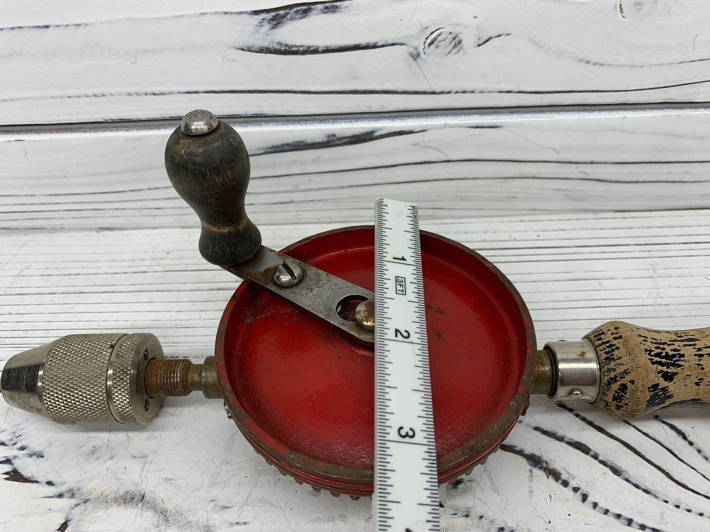 Vintage Stanley No 616 Hand Crank Drill, Red Metal Gear, Wood Handle, Beautiful Primitive Piece -Located at Funkyhouse Vintage Antique Store, Weiser Idaho