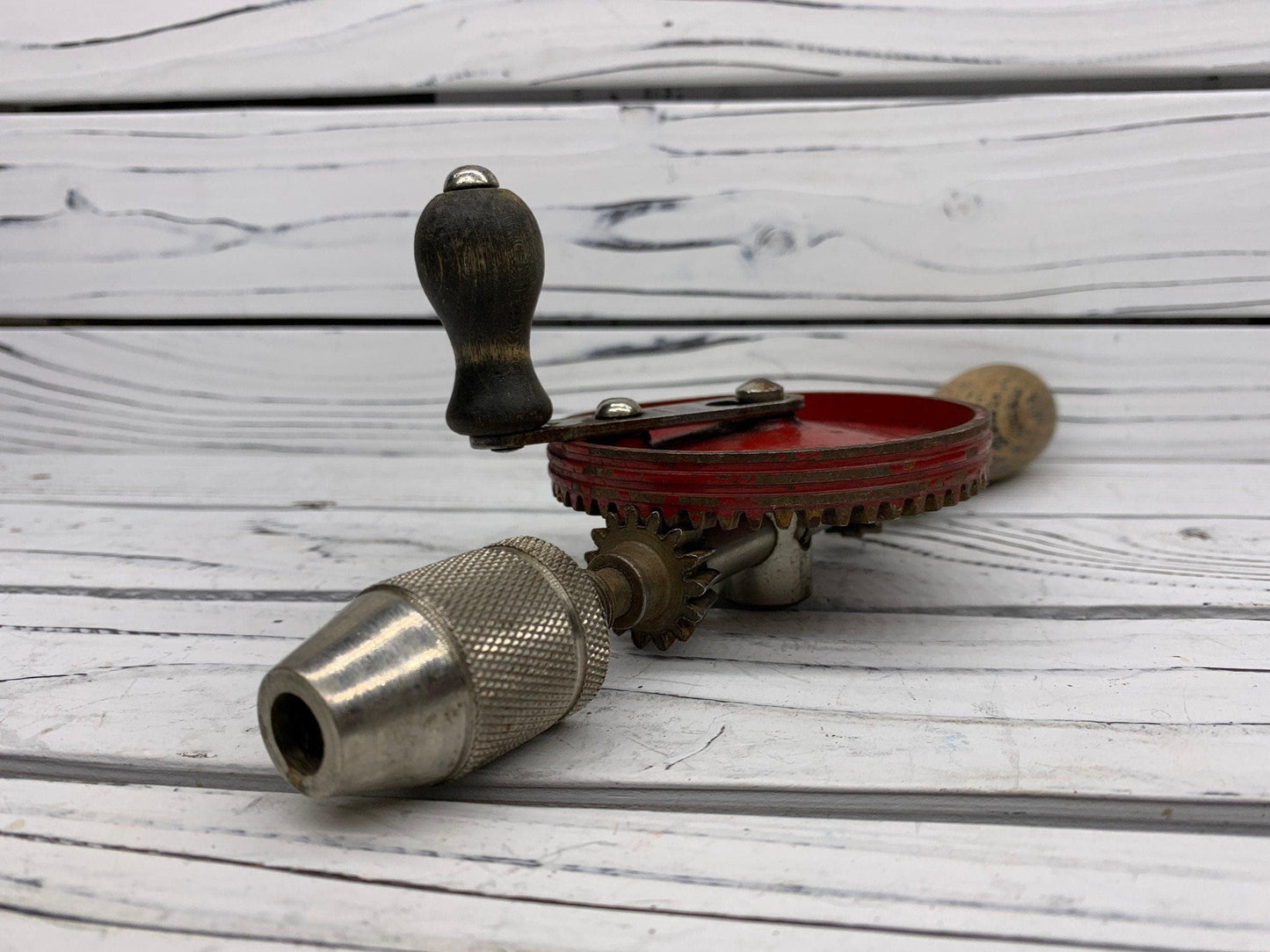 Vintage Stanley No 616 Hand Crank Drill, Red Metal Gear, Wood Handle, Beautiful Primitive Piece -Located at Funkyhouse Vintage Antique Store, Weiser Idaho