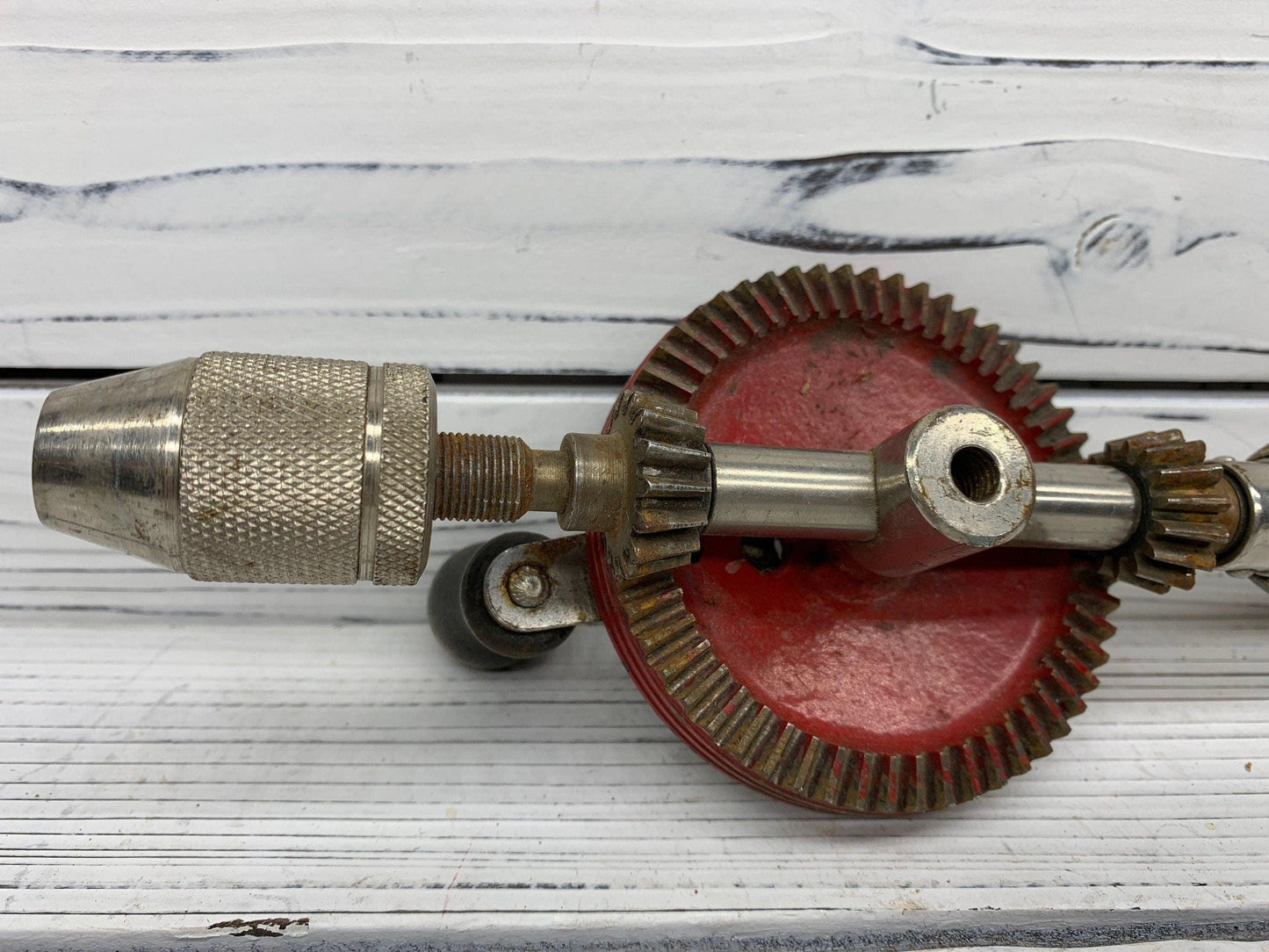 Vintage Stanley No 616 Hand Crank Drill, Red Metal Gear, Wood Handle, Beautiful Primitive Piece -Located at Funkyhouse Vintage Antique Store, Weiser Idaho