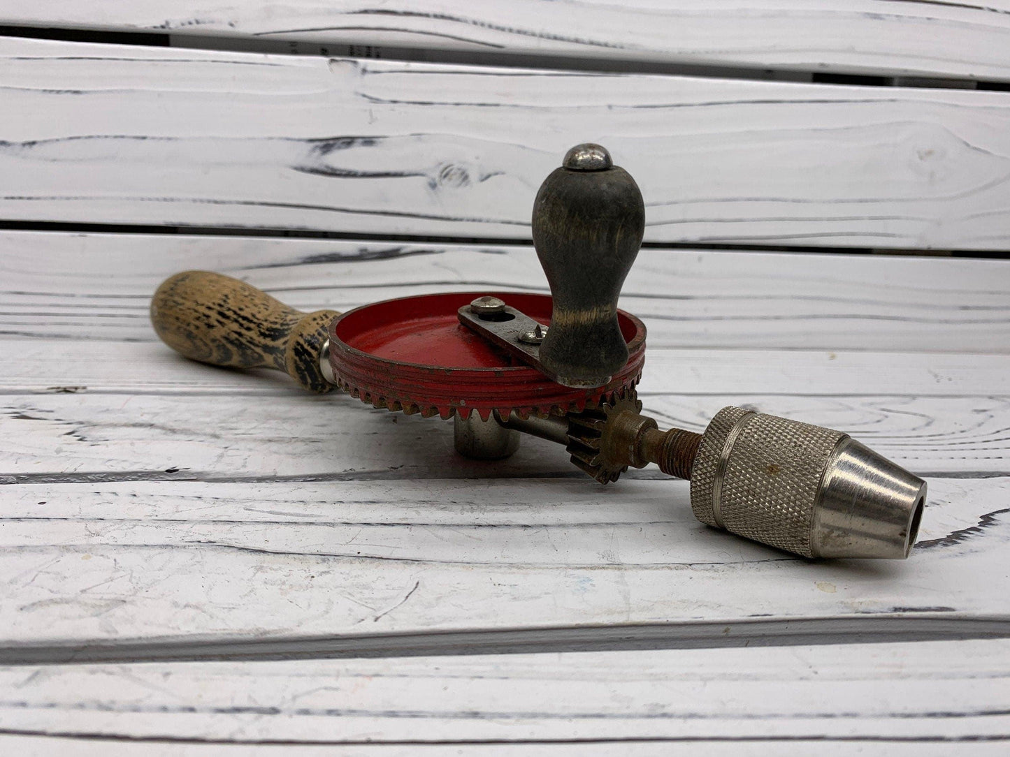 Vintage Stanley No 616 Hand Crank Drill, Red Metal Gear, Wood Handle, Beautiful Primitive Piece -Located at Funkyhouse Vintage Antique Store, Weiser Idaho