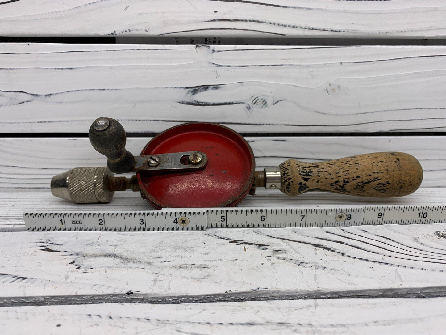 Vintage Stanley No 616 Hand Crank Drill, Red Metal Gear, Wood Handle, Beautiful Primitive Piece -Located at Funkyhouse Vintage Antique Store, Weiser Idaho