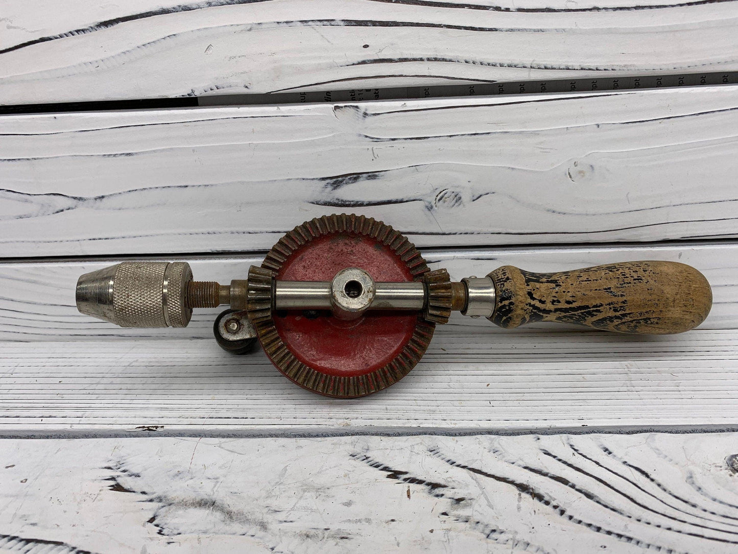 Vintage Stanley No 616 Hand Crank Drill, Red Metal Gear, Wood Handle, Beautiful Primitive Piece -Located at Funkyhouse Vintage Antique Store, Weiser Idaho