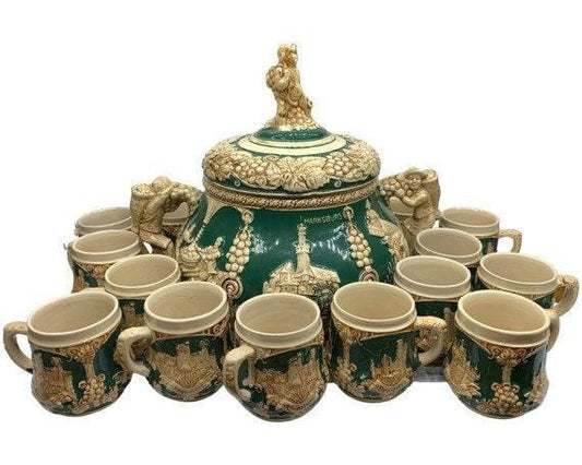 Vintage Stoneware Tureen, Large German Punch Pot with 12 Mugs, Green Punch Bowl -Located at Funkyhouse Vintage Antique Store, Weiser Idaho