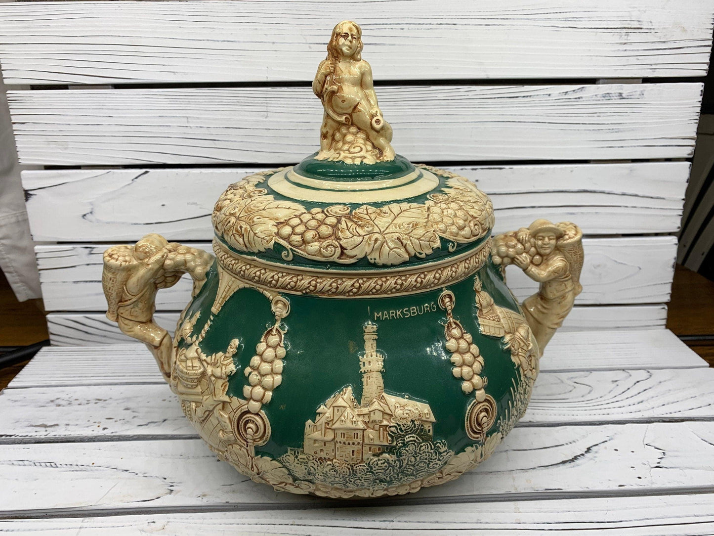 Vintage Stoneware Tureen, Large German Punch Pot with 12 Mugs, Green Punch Bowl -Located at Funkyhouse Vintage Antique Store, Weiser Idaho