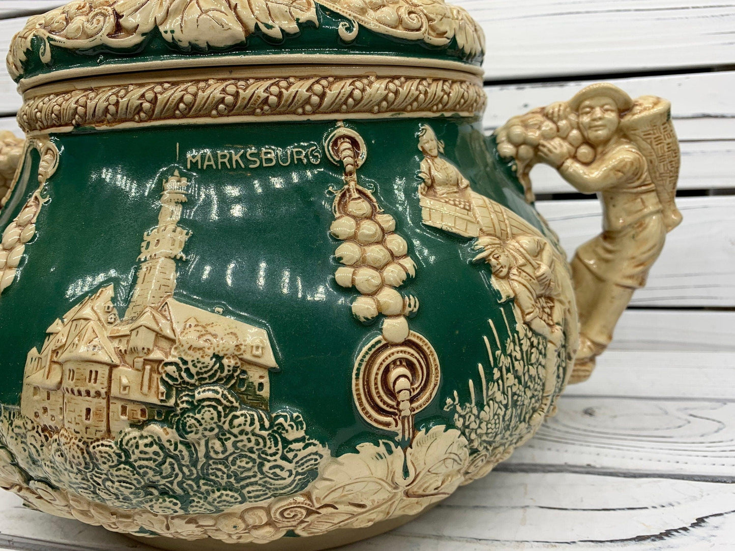 Vintage Stoneware Tureen, Large German Punch Pot with 12 Mugs, Green Punch Bowl -Located at Funkyhouse Vintage Antique Store, Weiser Idaho