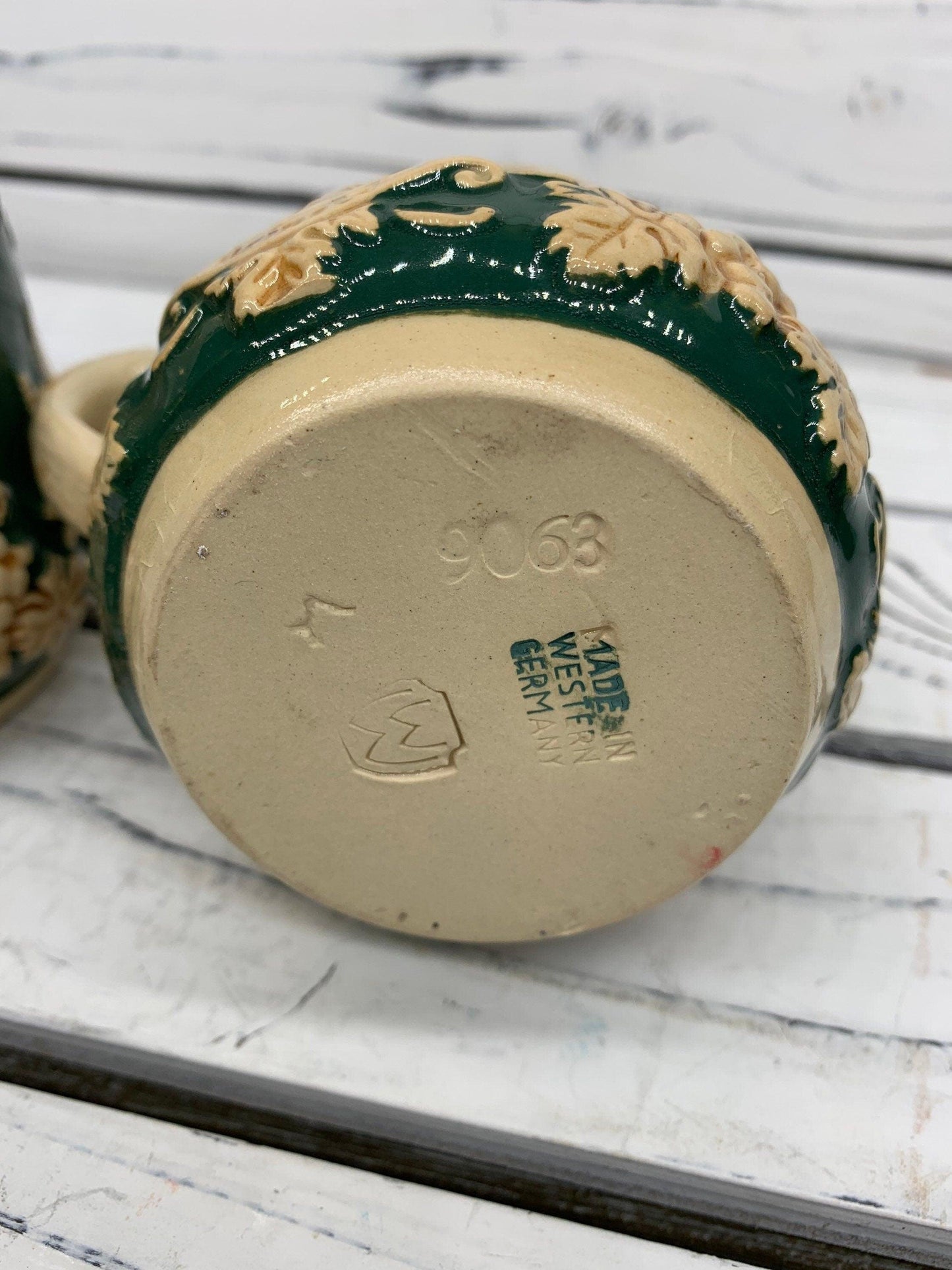 Vintage Stoneware Tureen, Large German Punch Pot with 12 Mugs, Green Punch Bowl -Located at Funkyhouse Vintage Antique Store, Weiser Idaho