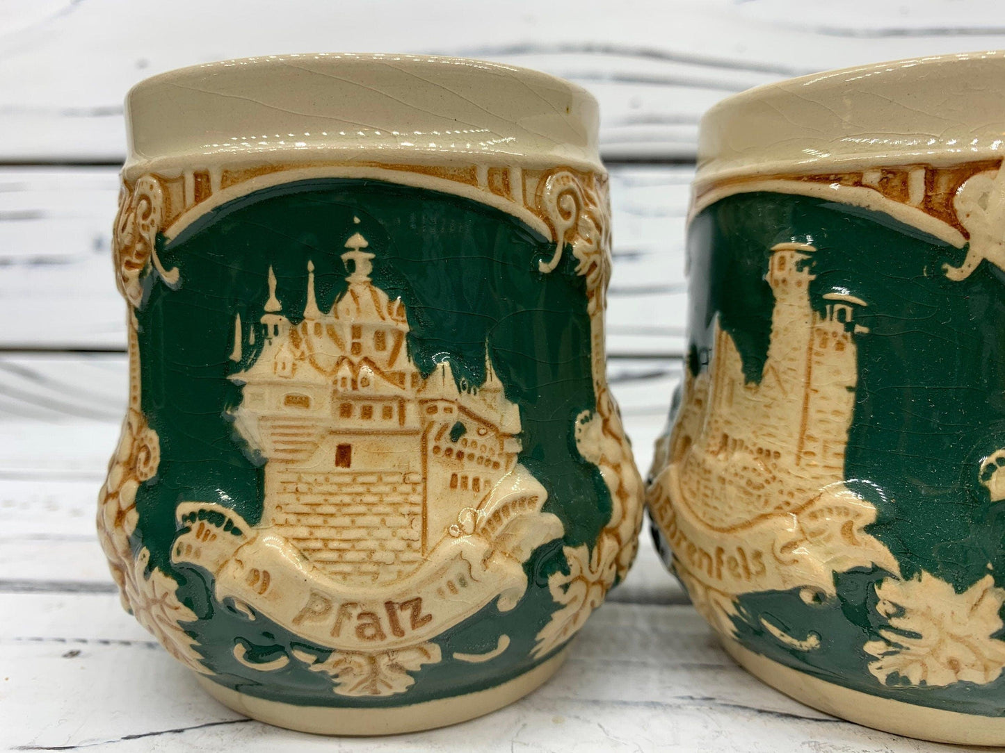 Vintage Stoneware Tureen, Large German Punch Pot with 12 Mugs, Green Punch Bowl -Located at Funkyhouse Vintage Antique Store, Weiser Idaho